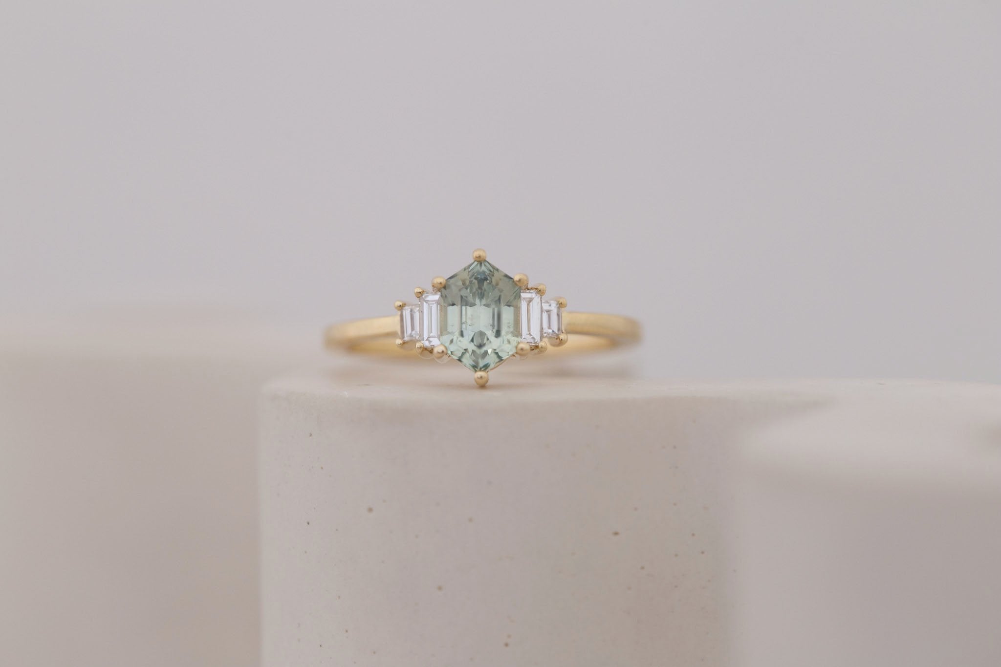 Ash Ring | Mint Montana Hexagonal Sapphire + Diamond Baguette Engagement Ring 1.15 ct | 14k Recycled Gold | One of a Kind