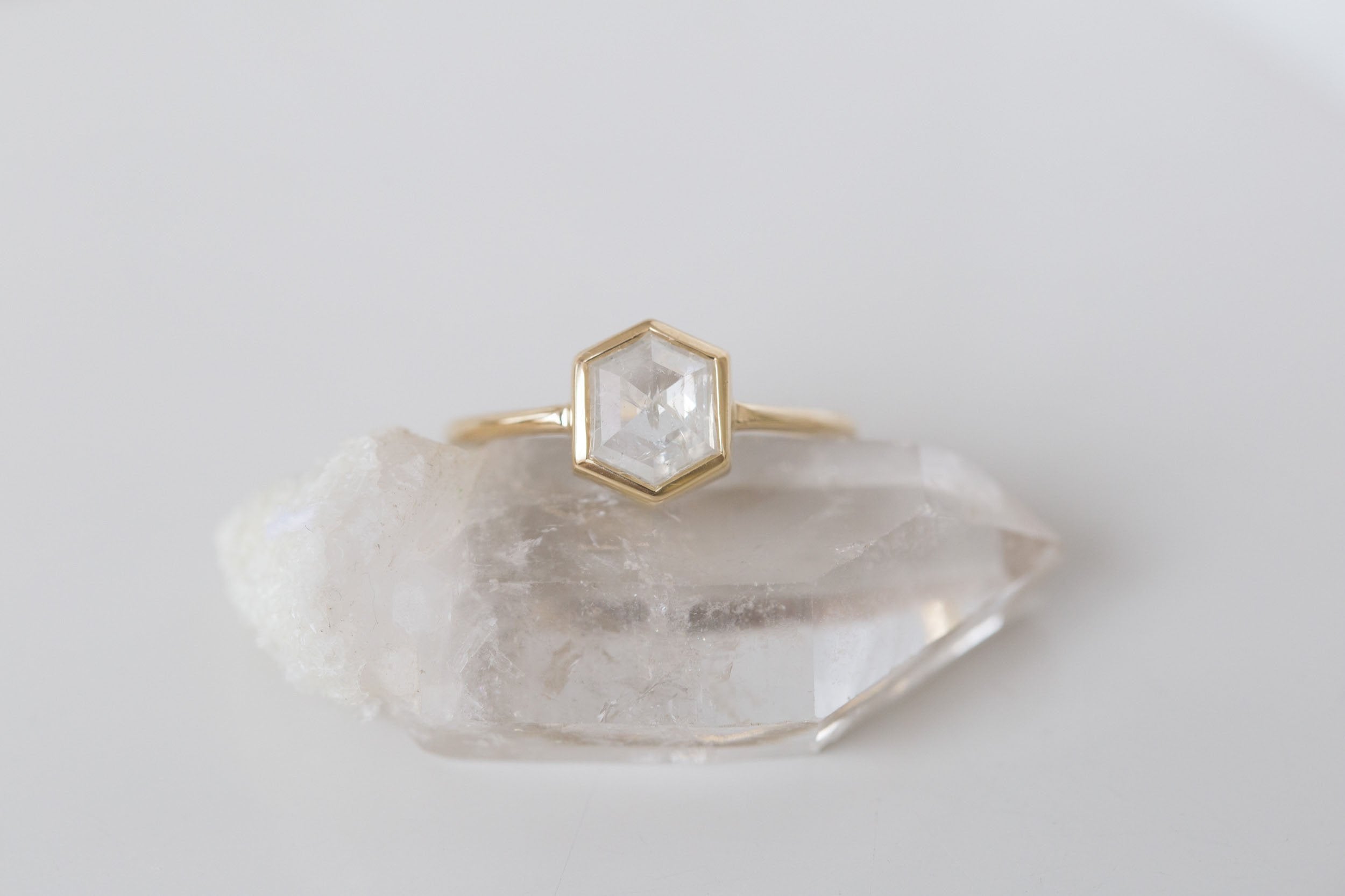 Avens Ring | Icy White Diamond Hexagon Solitaire Engagement Ring 1.15 ct | 14k Recycled Gold | One of a Kind