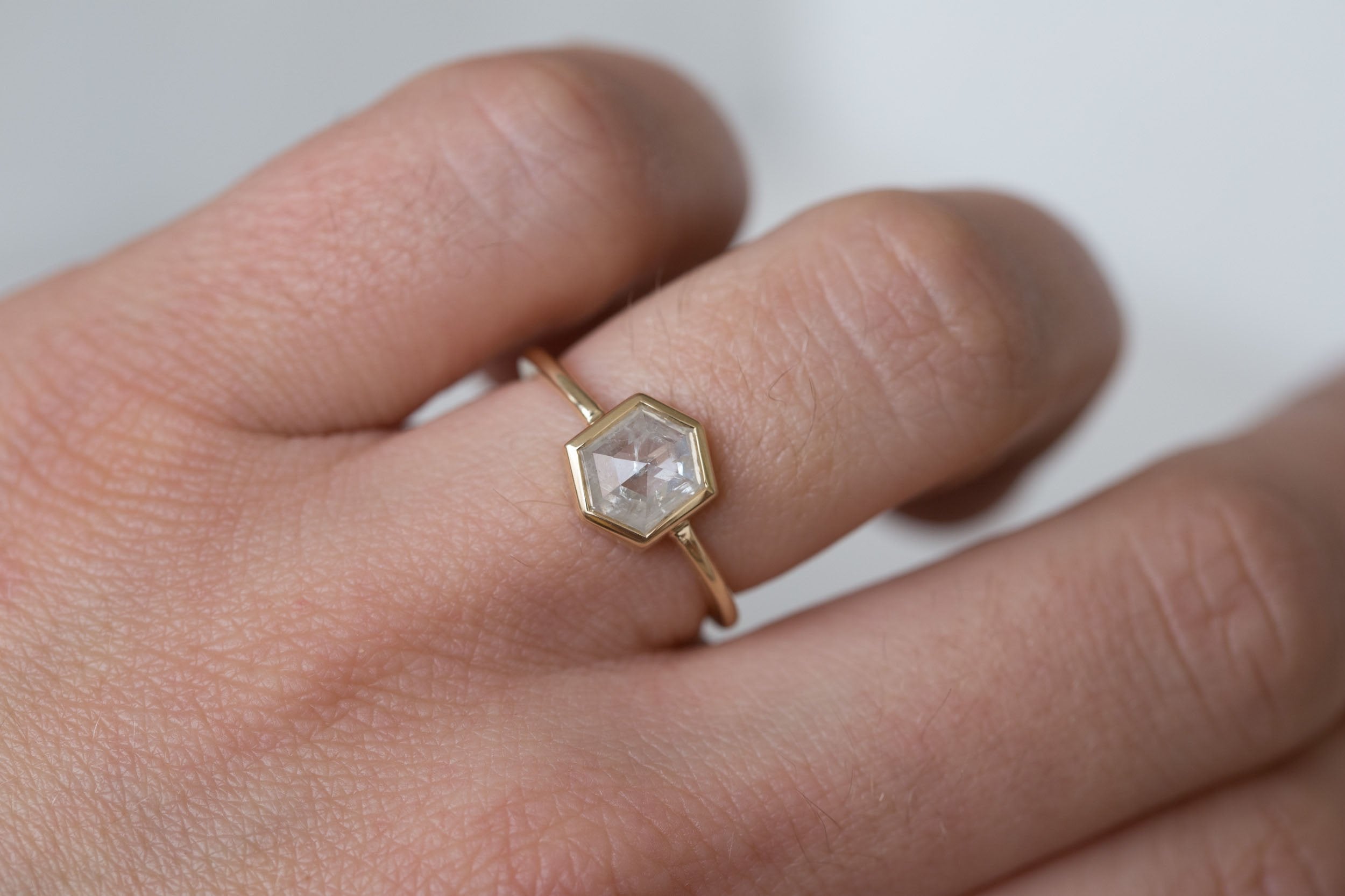 Avens Ring | Icy White Diamond Hexagon Solitaire Engagement Ring 1.15 ct | 14k Recycled Gold | One of a Kind
