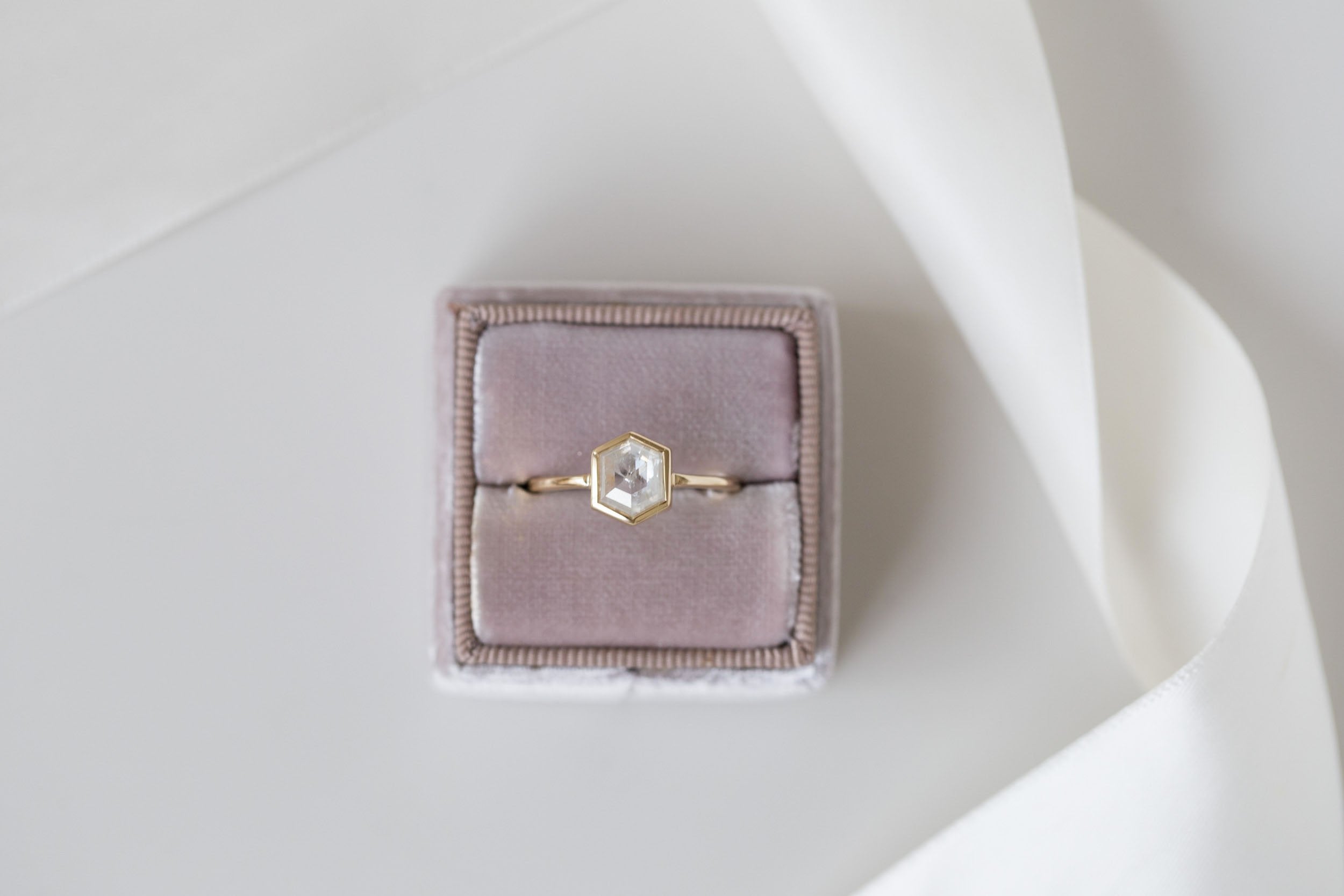 Avens Ring | Icy White Diamond Hexagon Solitaire Engagement Ring 1.15 ct | 14k Recycled Gold | One of a Kind