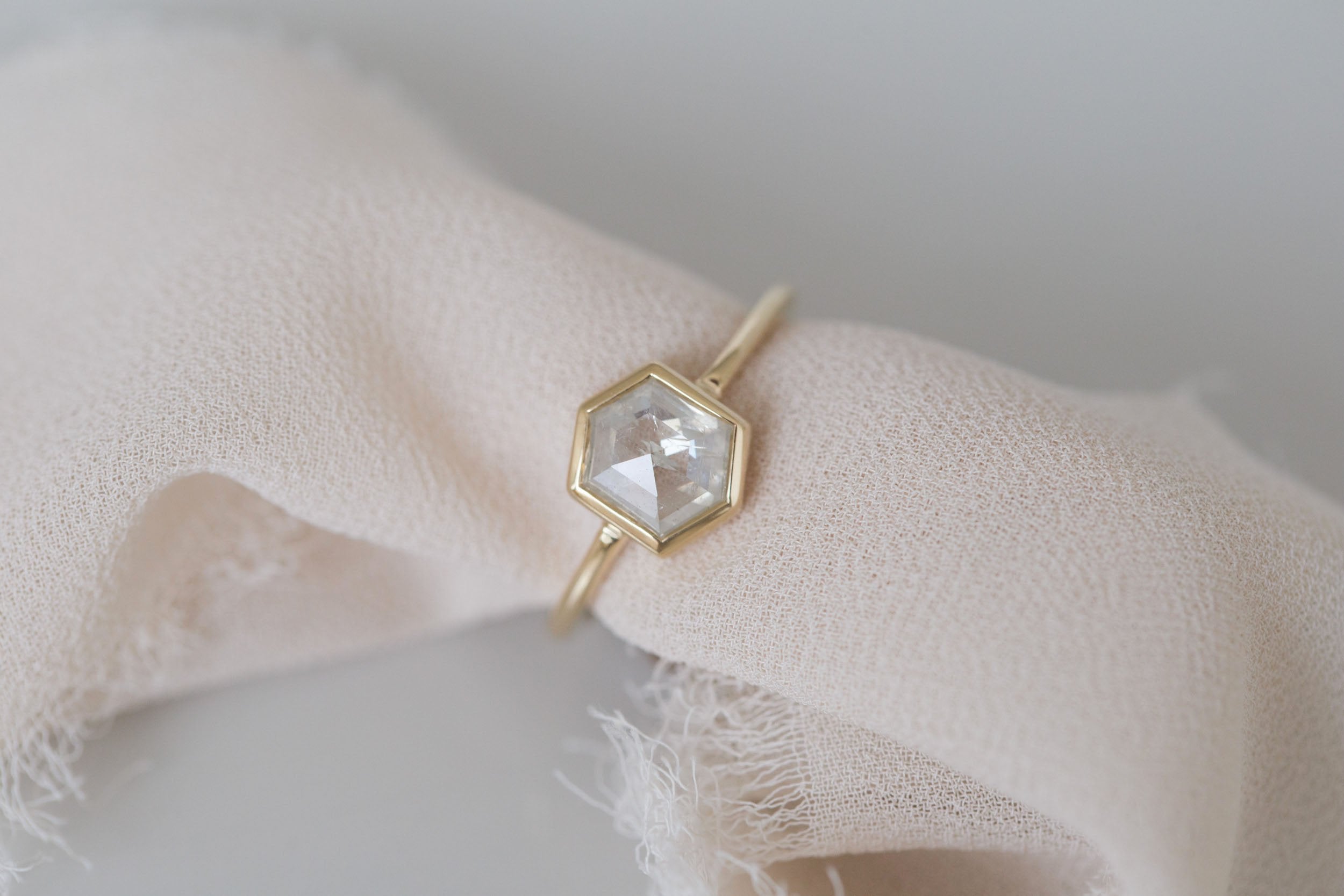 Avens Ring | Icy White Diamond Hexagon Solitaire Engagement Ring 1.15 ct | 14k Recycled Gold | One of a Kind