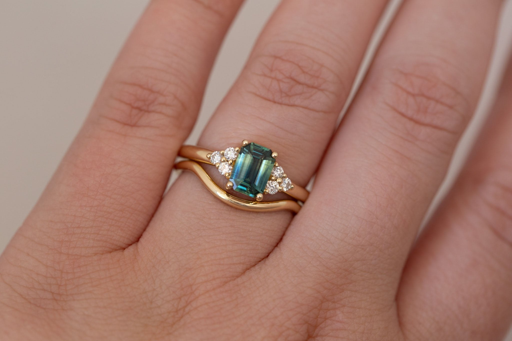 Verona Ring | Bicolor Green Emerald Cut Sapphire + Round Diamond Accents Engagement Ring 1.16 ct | 14k Recycled Gold | One of a Kind