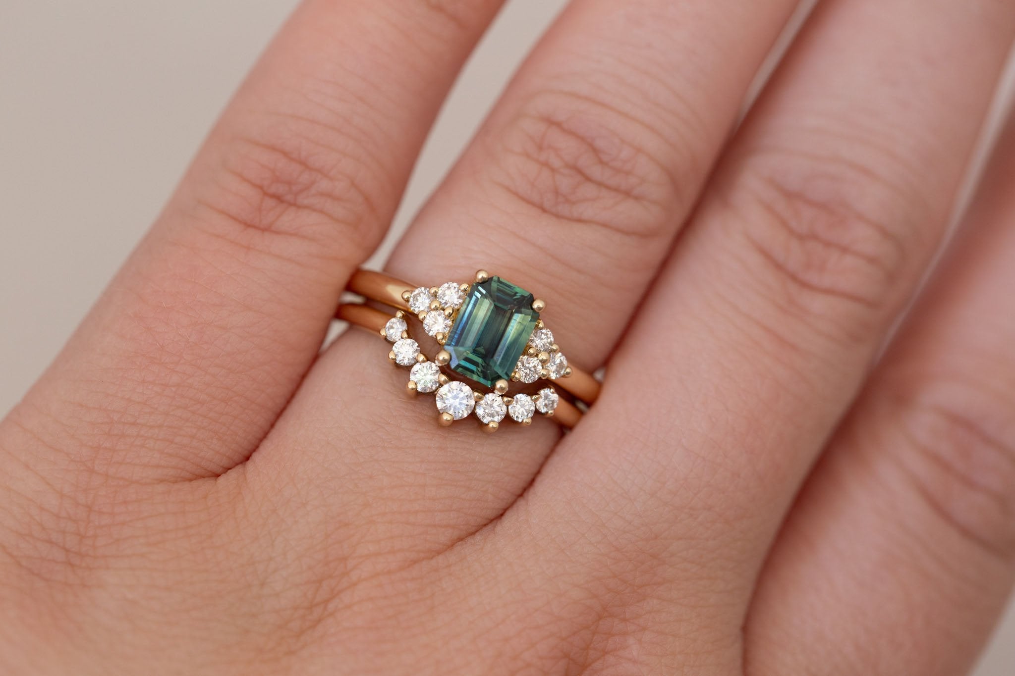 Verona Ring | Bicolor Green Emerald Cut Sapphire + Round Diamond Accents Engagement Ring 1.16 ct | 14k Recycled Gold | One of a Kind
