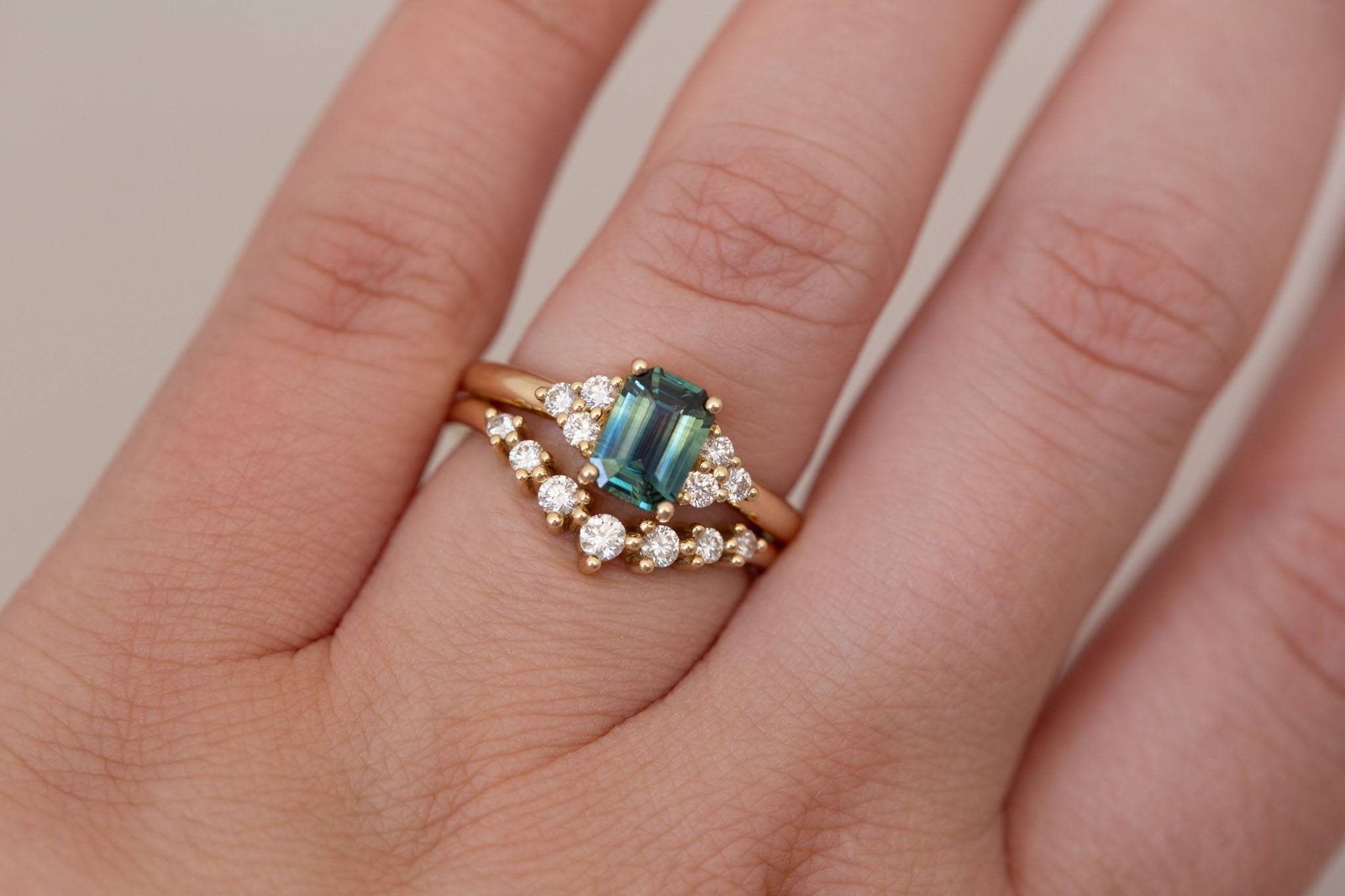Verona Ring | Bicolor Green Emerald Cut Sapphire + Round Diamond Accents Engagement Ring 1.16 ct | 14k Recycled Gold | One of a Kind
