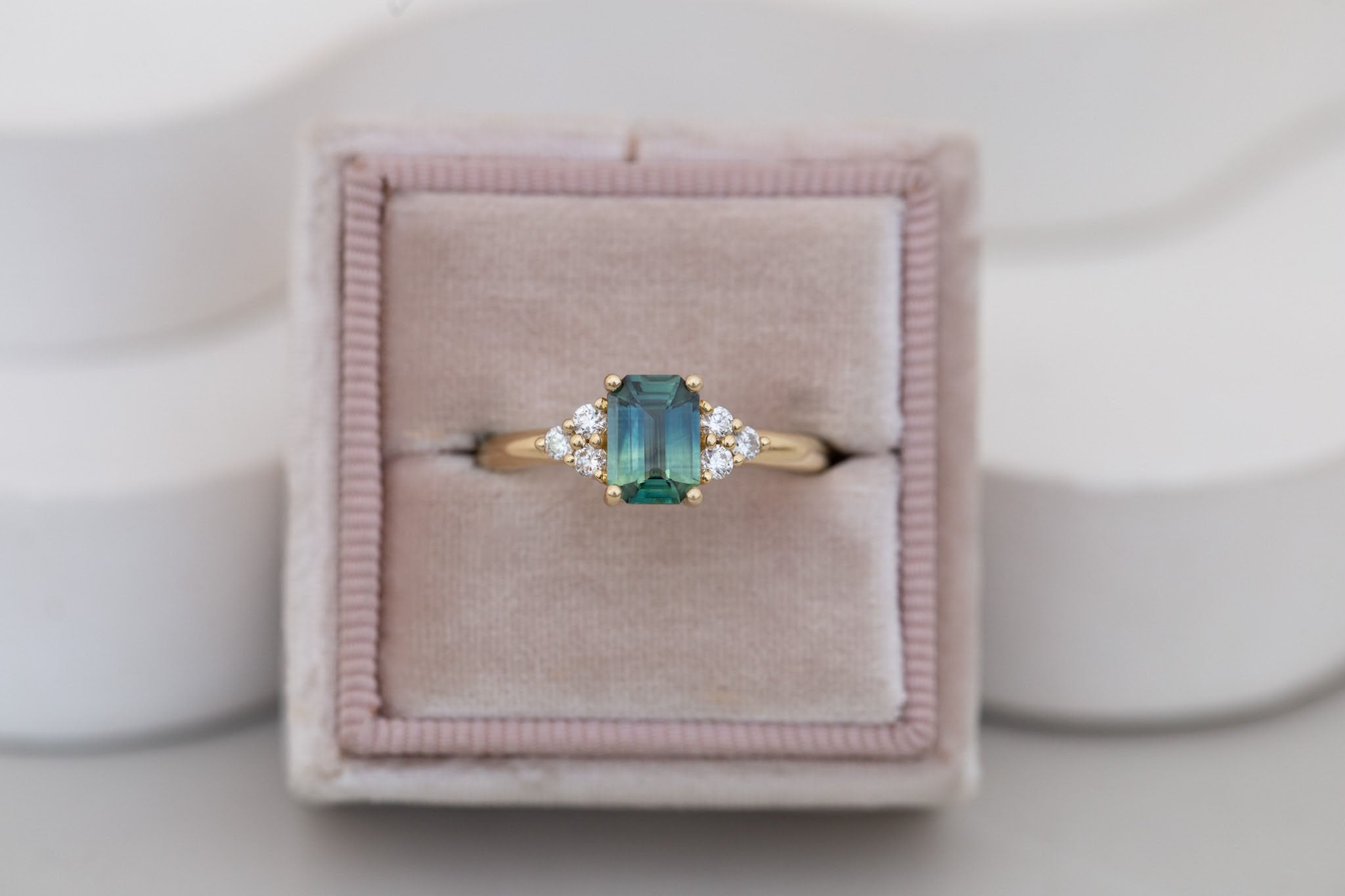 Verona Ring | Bicolor Green Emerald Cut Sapphire + Round Diamond Accents Engagement Ring 1.16 ct | 14k Recycled Gold | One of a Kind