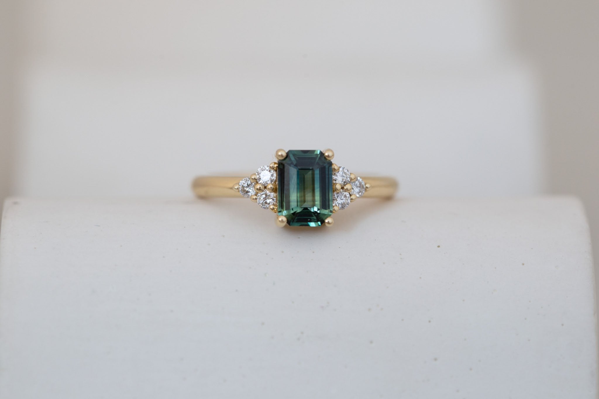 Verona Ring | Bicolor Green Emerald Cut Sapphire + Round Diamond Accents Engagement Ring 1.16 ct | 14k Recycled Gold | One of a Kind