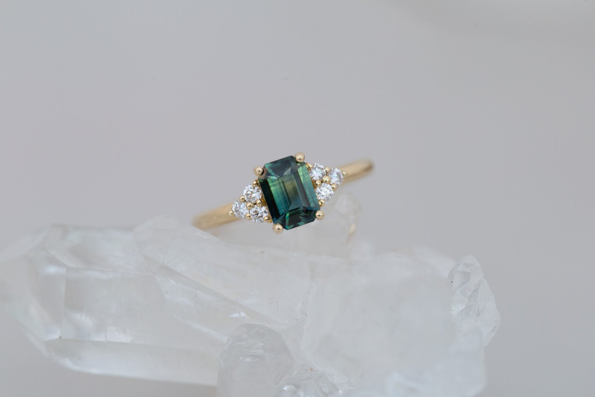 Verona Ring | Bicolor Green Emerald Cut Sapphire + Round Diamond Accents Engagement Ring 1.16 ct | 14k Recycled Gold | One of a Kind