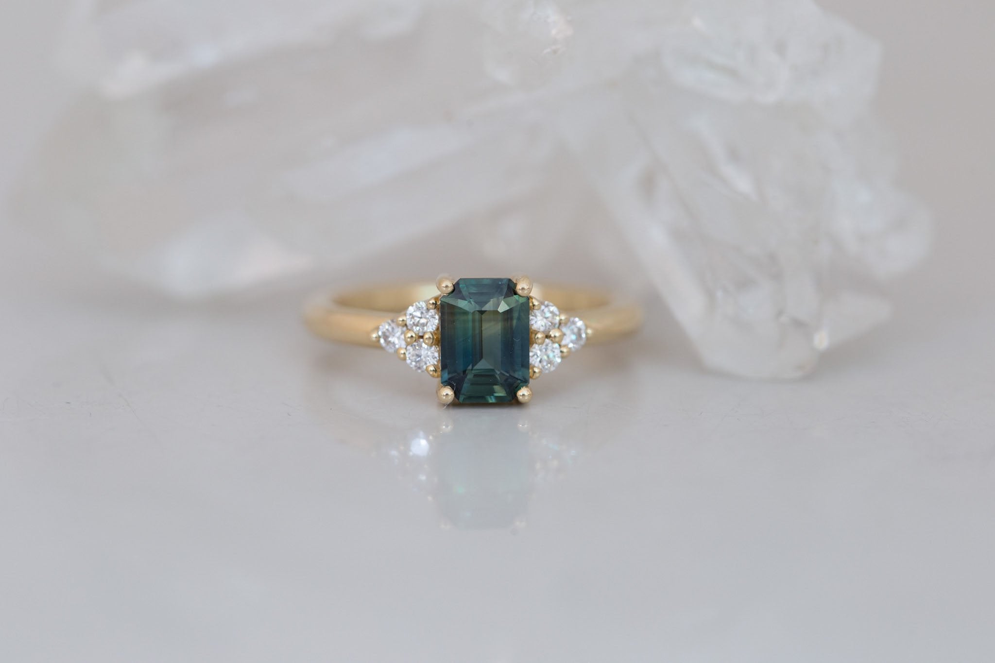 Verona Ring | Bicolor Green Emerald Cut Sapphire + Round Diamond Accents Engagement Ring 1.16 ct | 14k Recycled Gold | One of a Kind