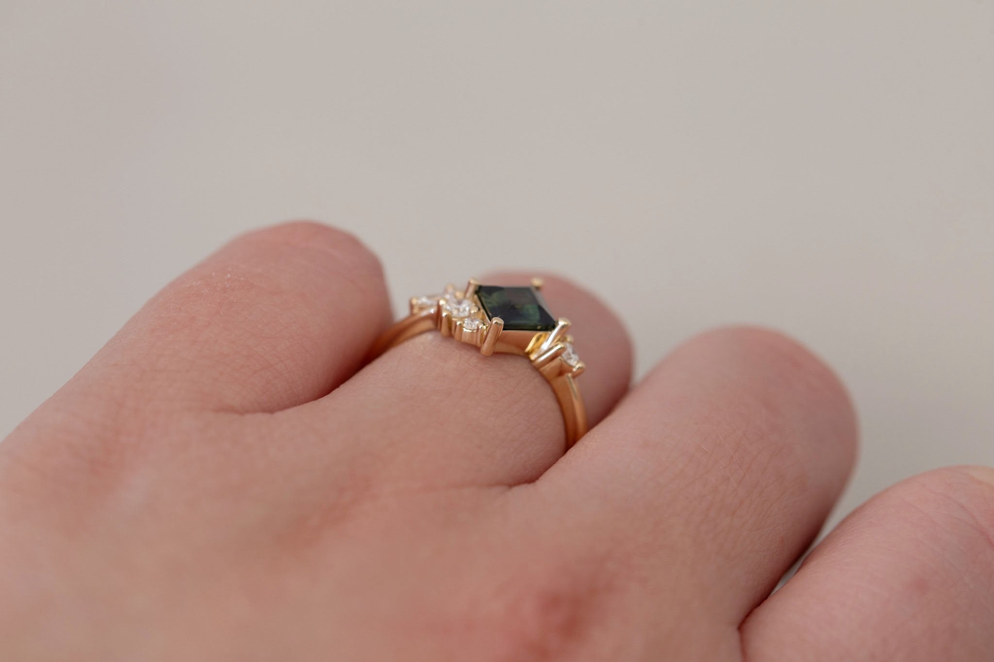 Alden Ring | Teal Sapphire Rhombus + Diamond Cluster Engagement Ring 1.16 ct | 14k Recycled Gold | One of a Kind