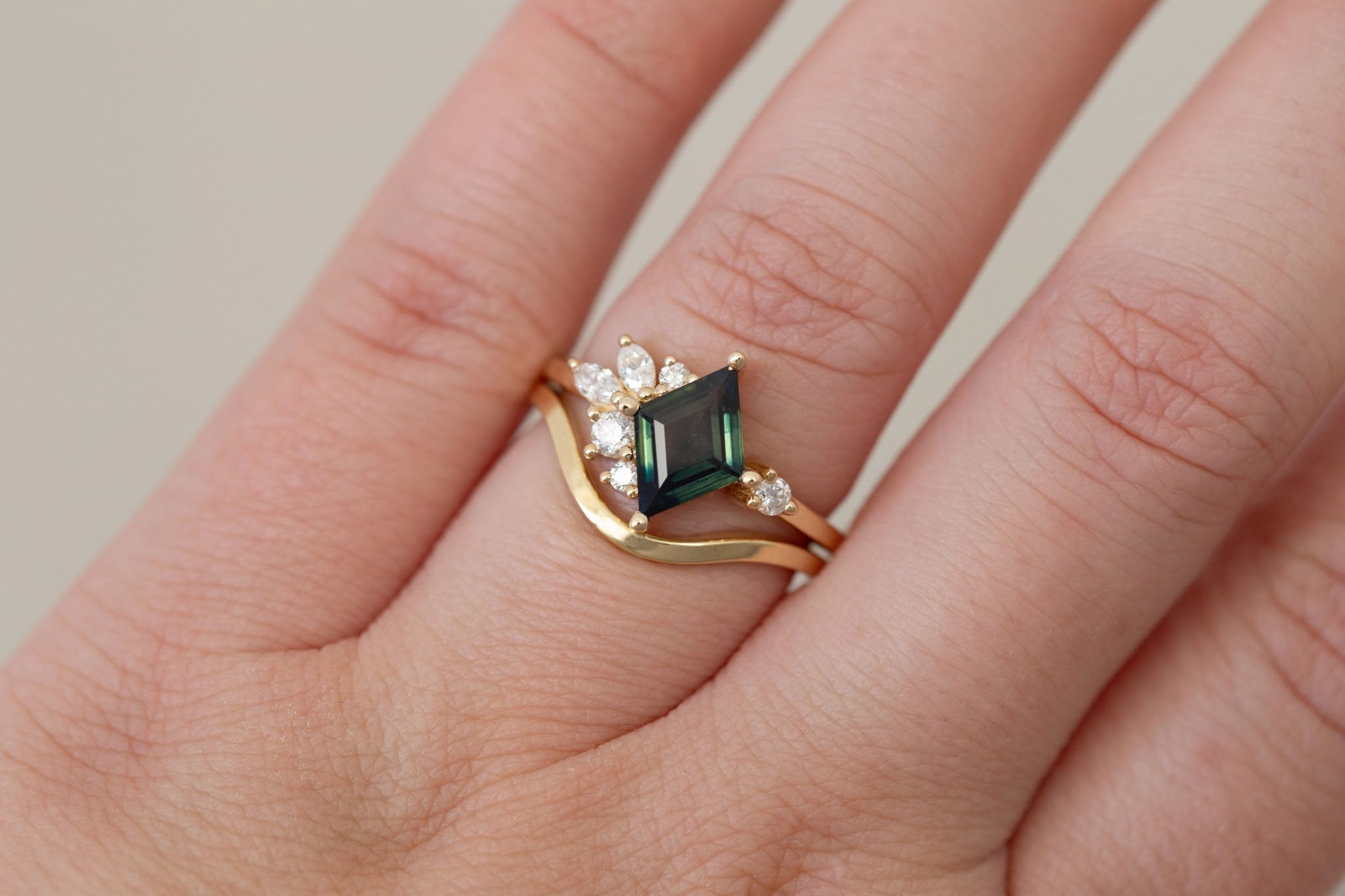 Alden Ring | Teal Sapphire Rhombus + Diamond Cluster Engagement Ring 1.16 ct | 14k Recycled Gold | One of a Kind