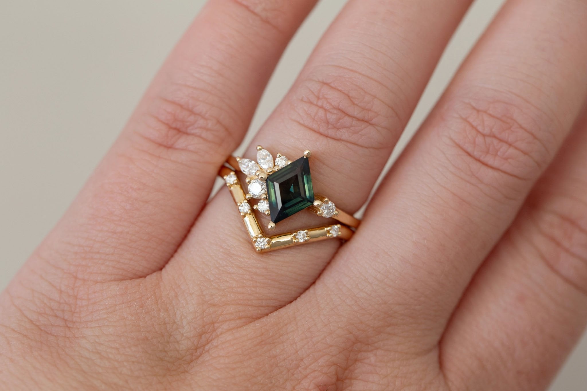 Alden Ring | Teal Sapphire Rhombus + Diamond Cluster Engagement Ring 1.16 ct | 14k Recycled Gold | One of a Kind