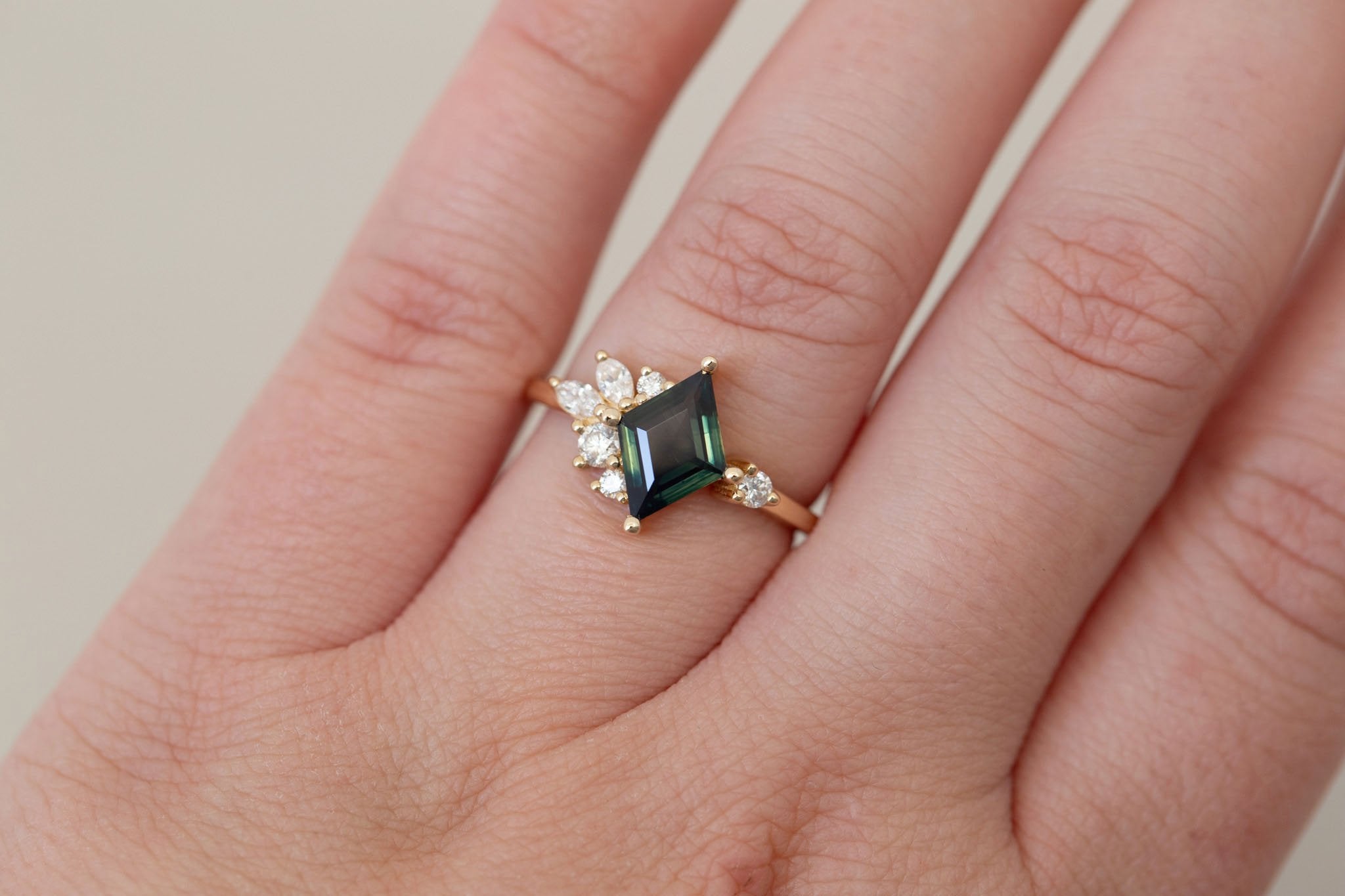 Alden Ring | Teal Sapphire Rhombus + Diamond Cluster Engagement Ring 1.16 ct | 14k Recycled Gold | One of a Kind