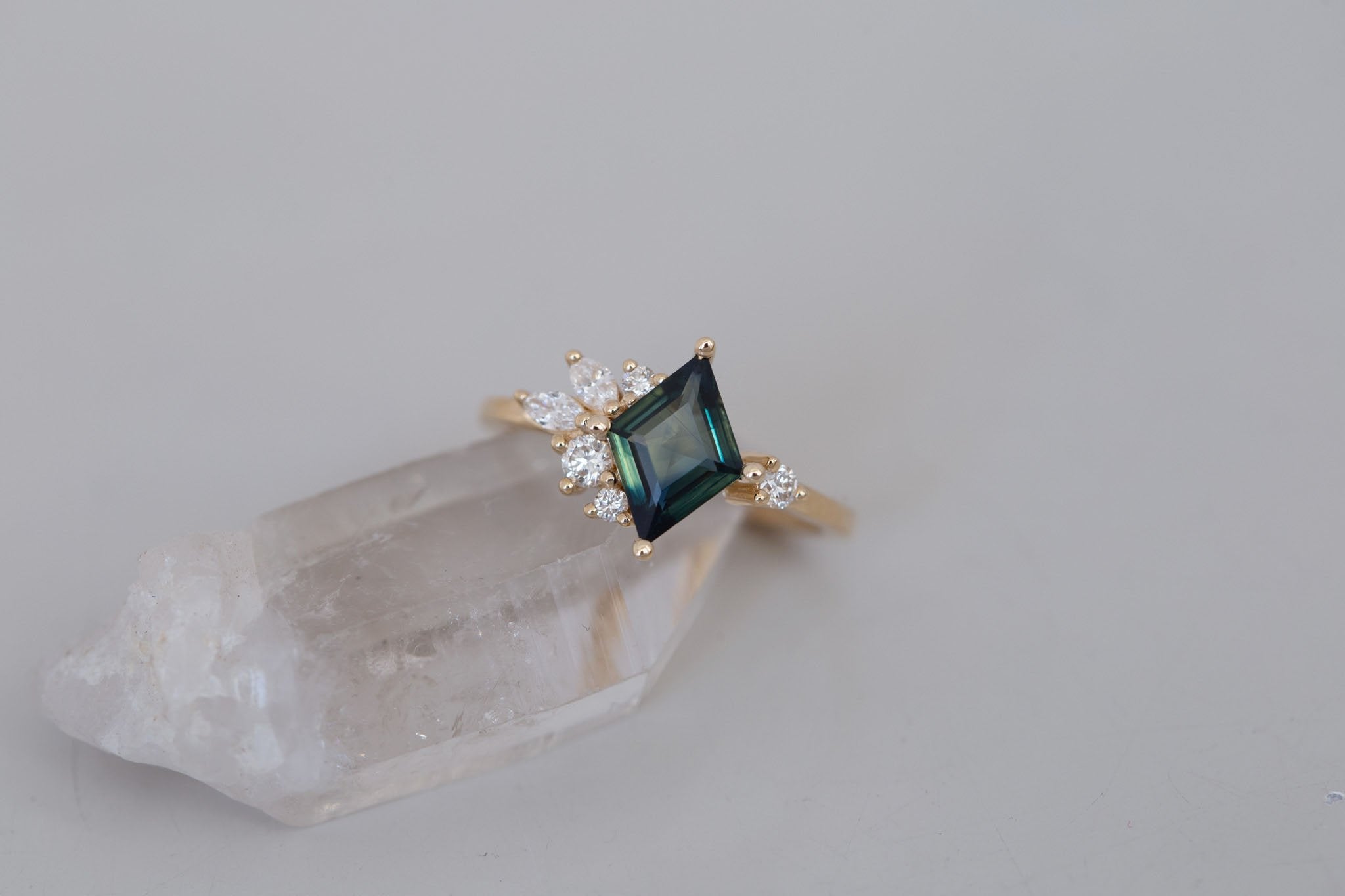 Alden Ring | Teal Sapphire Rhombus + Diamond Cluster Engagement Ring 1.16 ct | 14k Recycled Gold | One of a Kind