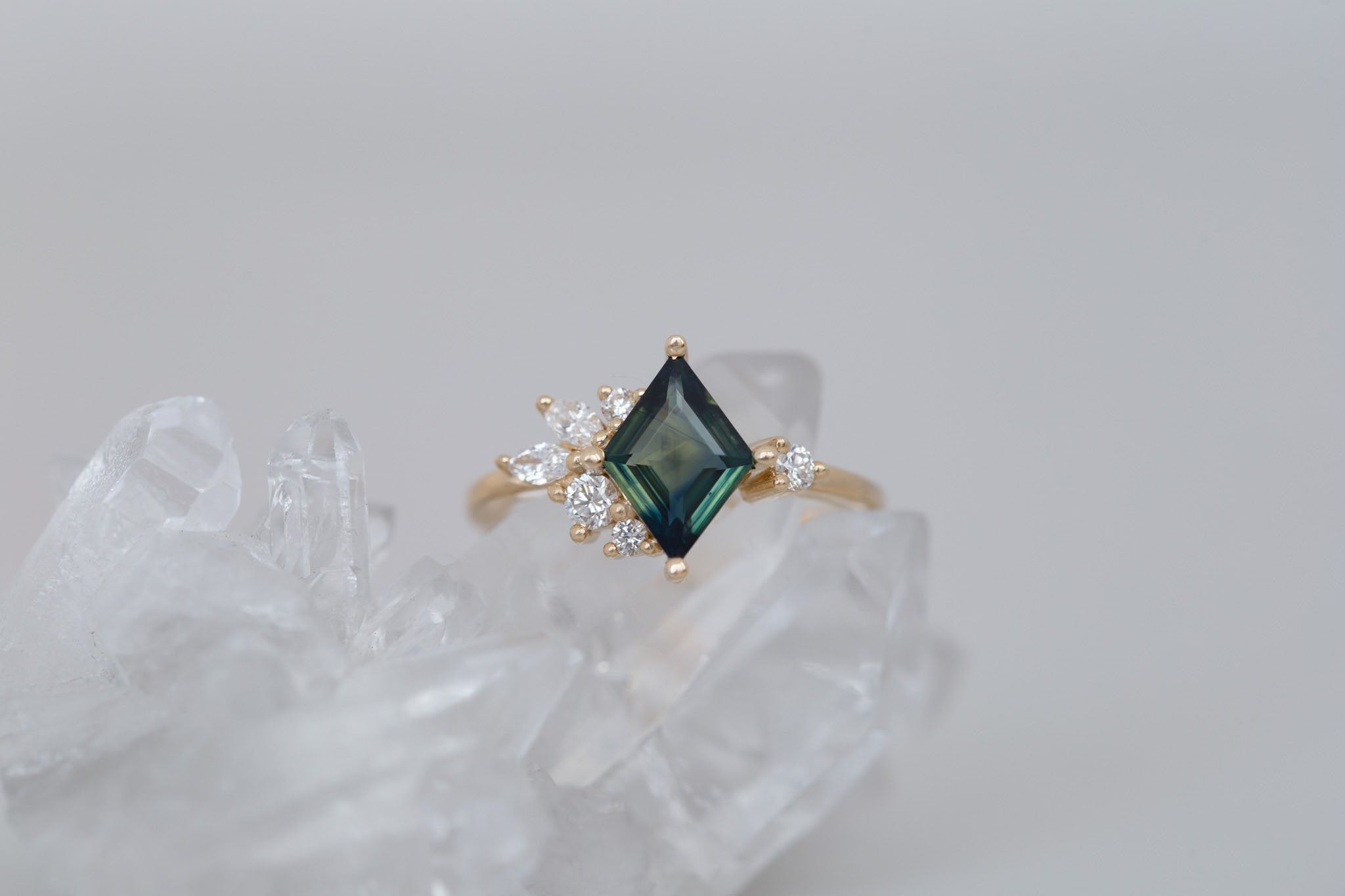 Alden Ring | Teal Sapphire Rhombus + Diamond Cluster Engagement Ring 1.16 ct | 14k Recycled Gold | One of a Kind