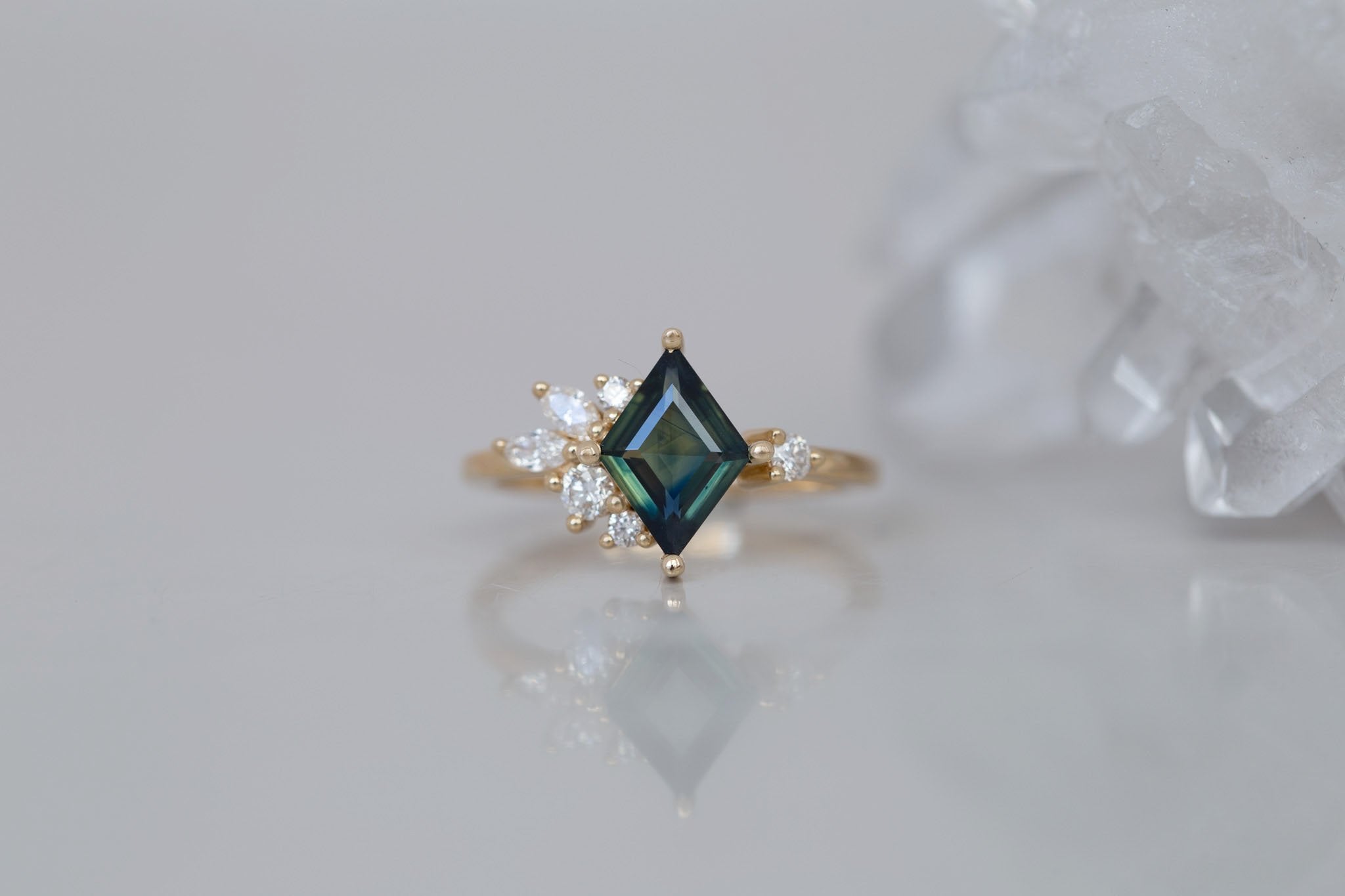 Alden Ring | Teal Sapphire Rhombus + Diamond Cluster Engagement Ring 1.16 ct | 14k Recycled Gold | One of a Kind