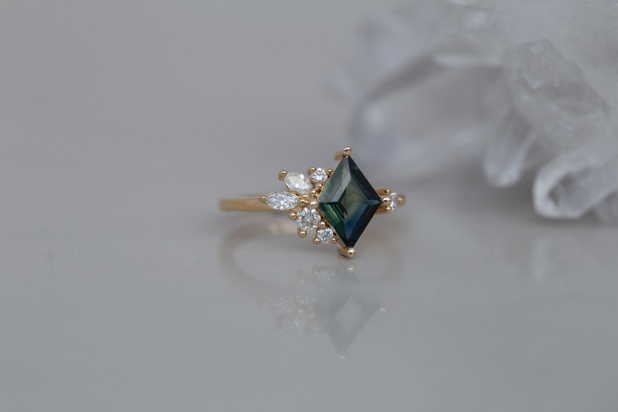 Alden Ring | Teal Sapphire Rhombus + Diamond Cluster Engagement Ring 1.16 ct | 14k Recycled Gold | One of a Kind