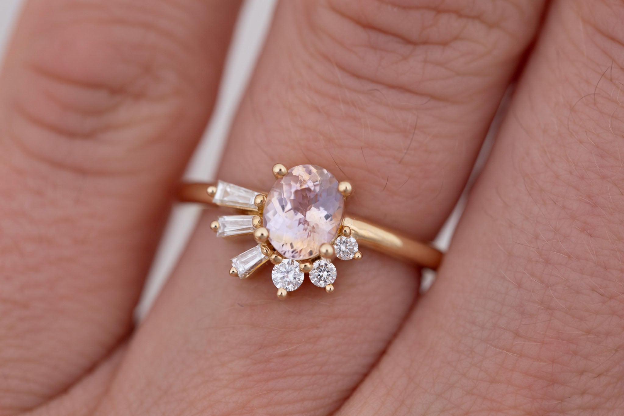 Sol Ring | Peach Oval Sapphire + Baguette and Round Diamond Cluster Engagement Ring 1.16 ct | 14k Recycled Gold | One of a Kind