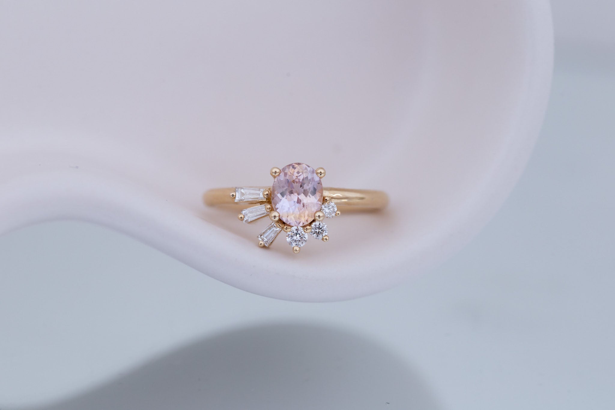Sol Ring | Peach Oval Sapphire + Baguette and Round Diamond Cluster Engagement Ring 1.16 ct | 14k Recycled Gold | One of a Kind
