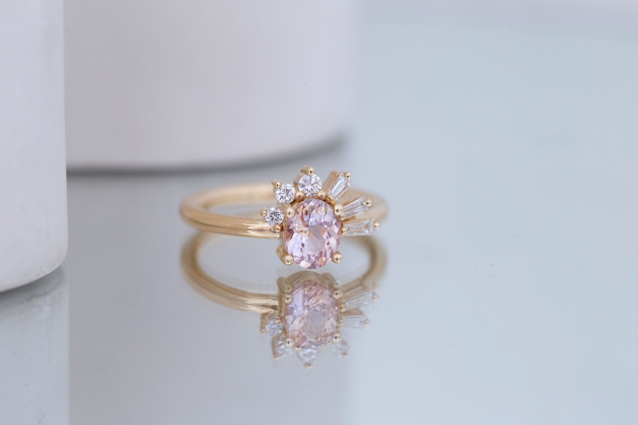 Sol Ring | Peach Oval Sapphire + Baguette and Round Diamond Cluster Engagement Ring 1.16 ct | 14k Recycled Gold | One of a Kind