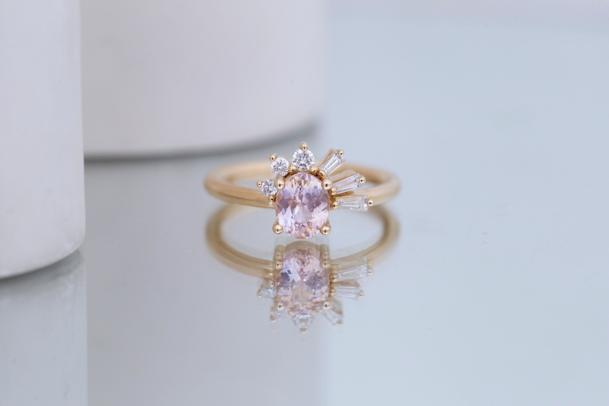 Sol Ring | Peach Oval Sapphire + Baguette and Round Diamond Cluster Engagement Ring 1.16 ct | 14k Recycled Gold | One of a Kind