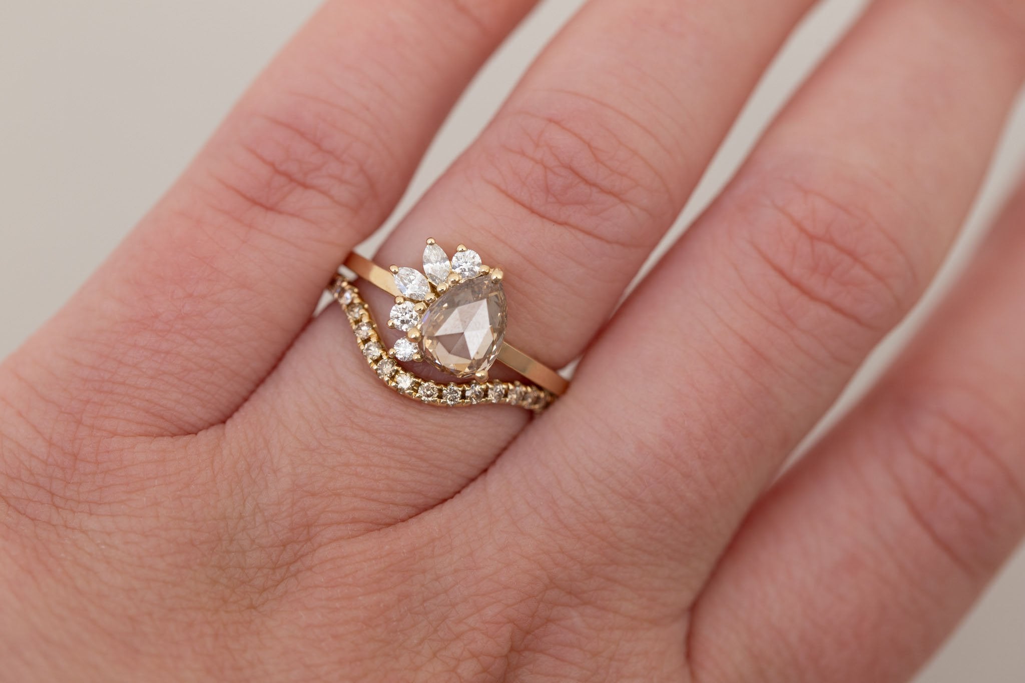 Dahlia Ring | Champagne Rose Pear Cut Diamond + Diamond Cluster Engagement Ring 1.16 ct | 14k Recycled Gold | One of a Kind