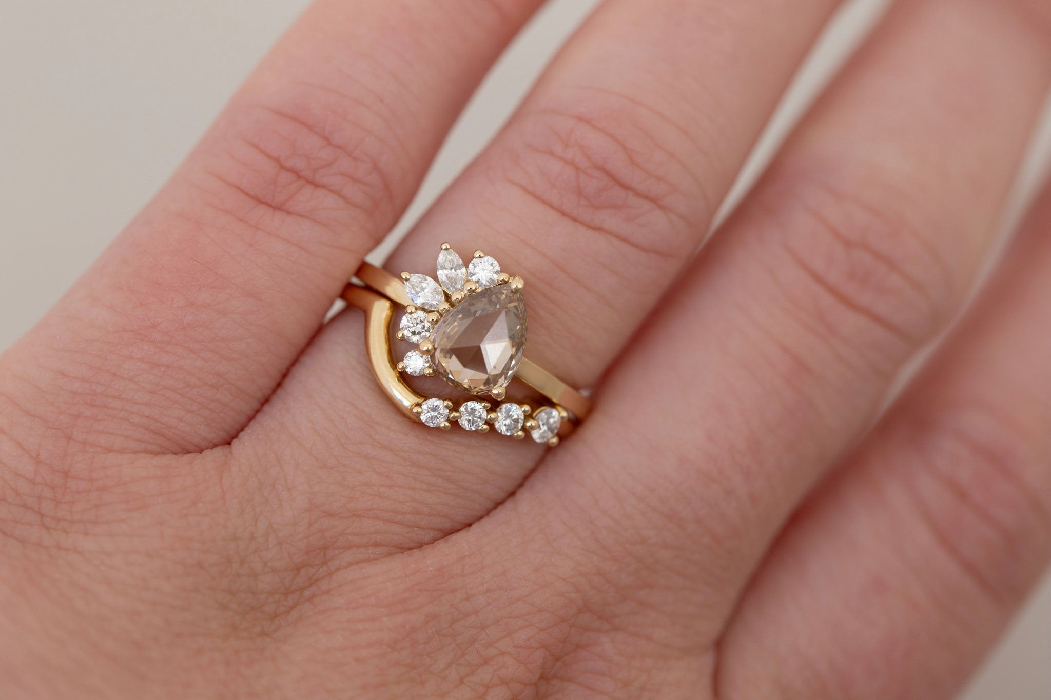 Dahlia Ring | Champagne Rose Pear Cut Diamond + Diamond Cluster Engagement Ring 1.16 ct | 14k Recycled Gold | One of a Kind