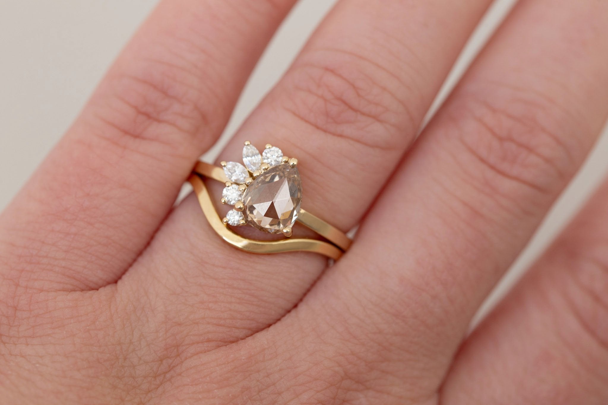 Dahlia Ring | Champagne Rose Pear Cut Diamond + Diamond Cluster Engagement Ring 1.16 ct | 14k Recycled Gold | One of a Kind