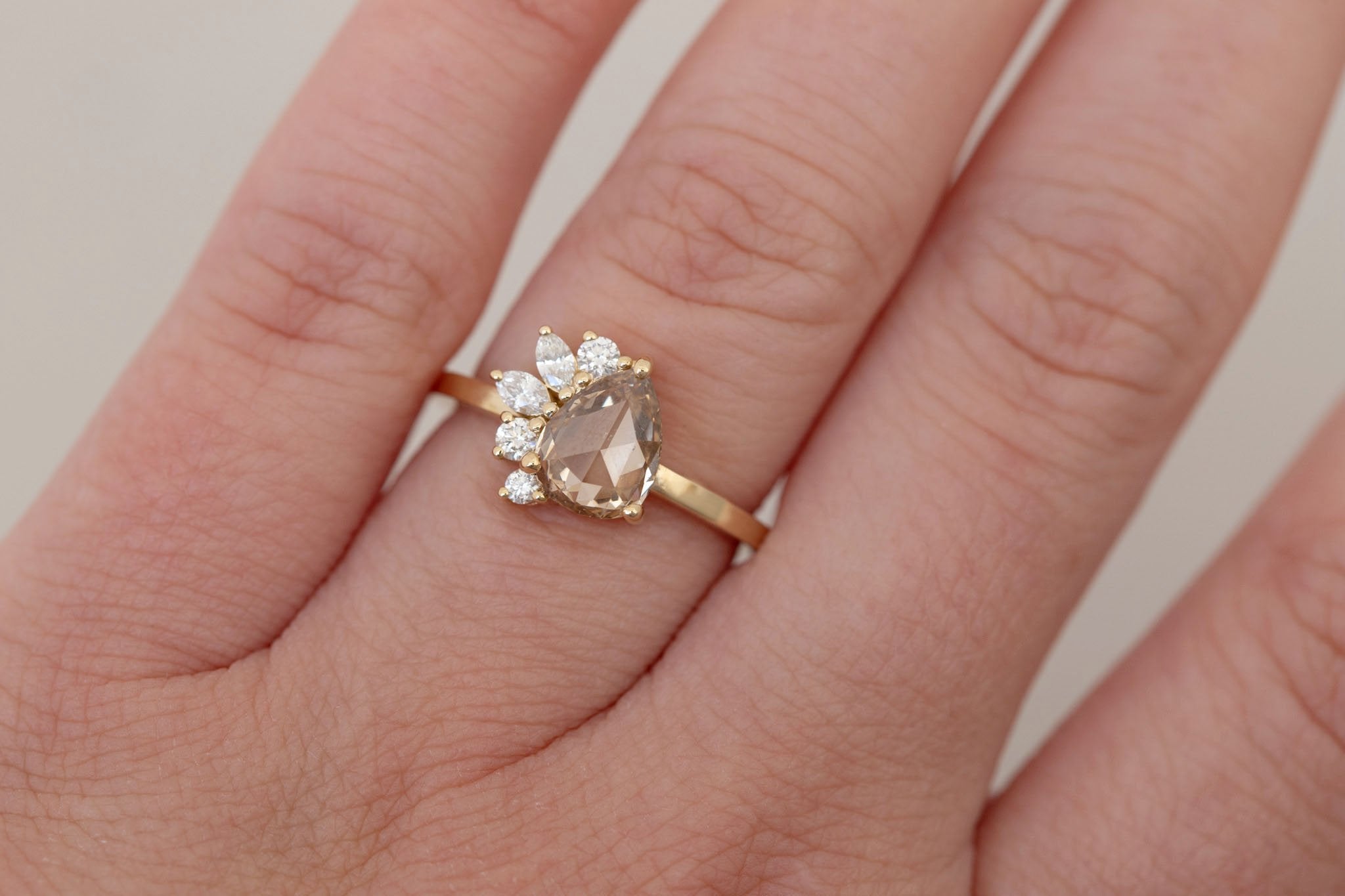 Dahlia Ring | Champagne Rose Pear Cut Diamond + Diamond Cluster Engagement Ring 1.16 ct | 14k Recycled Gold | One of a Kind