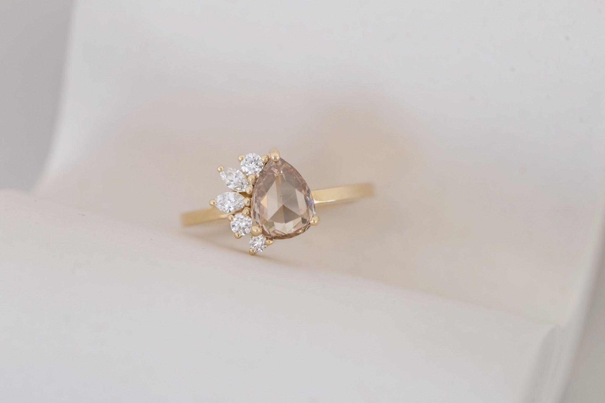 Dahlia Ring | Champagne Rose Pear Cut Diamond + Diamond Cluster Engagement Ring 1.16 ct | 14k Recycled Gold | One of a Kind