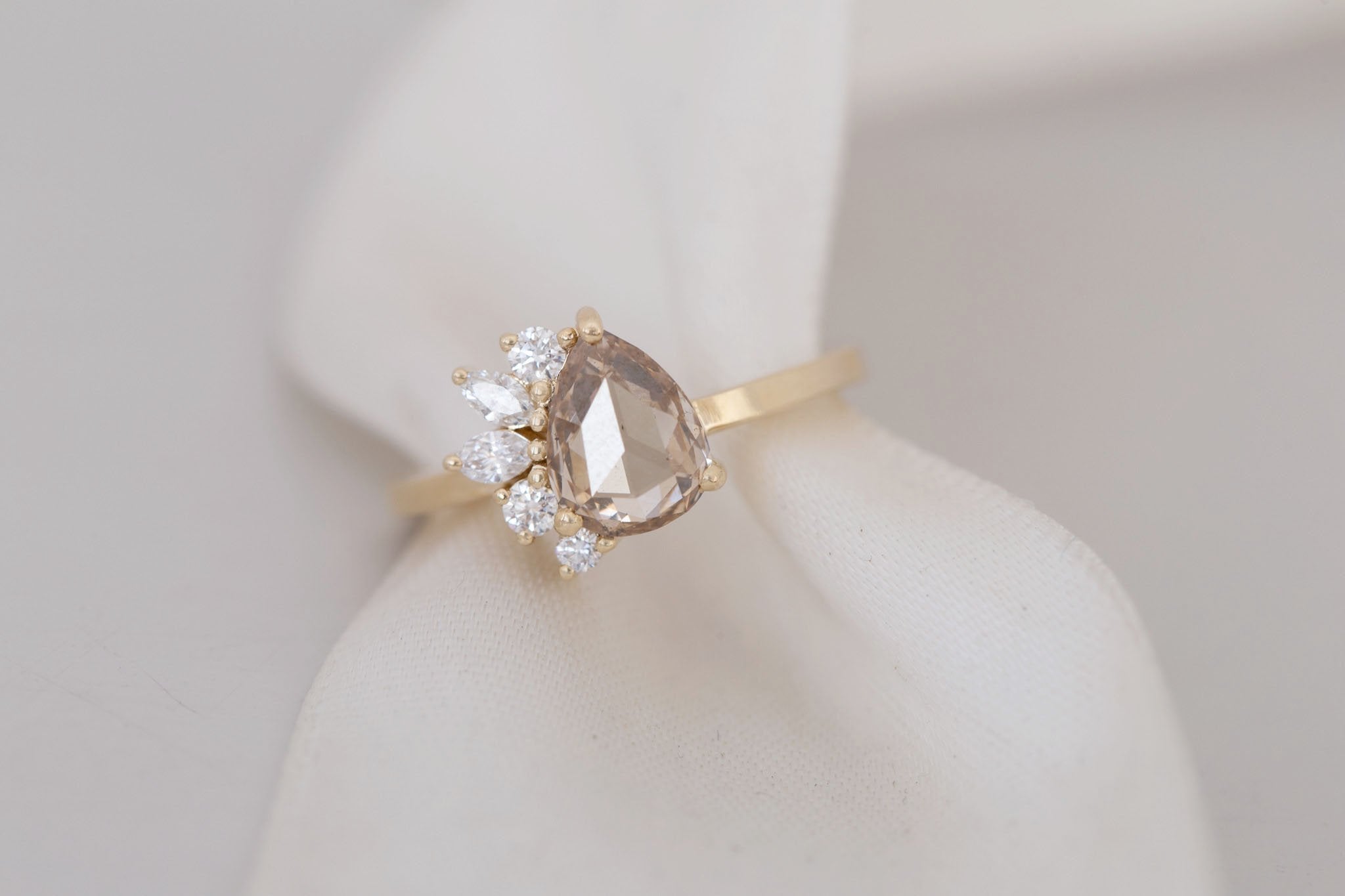 Dahlia Ring | Champagne Rose Pear Cut Diamond + Diamond Cluster Engagement Ring 1.16 ct | 14k Recycled Gold | One of a Kind