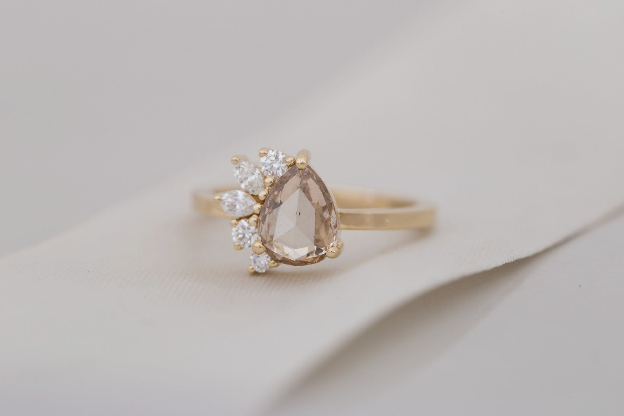 Dahlia Ring | Champagne Rose Pear Cut Diamond + Diamond Cluster Engagement Ring 1.16 ct | 14k Recycled Gold | One of a Kind