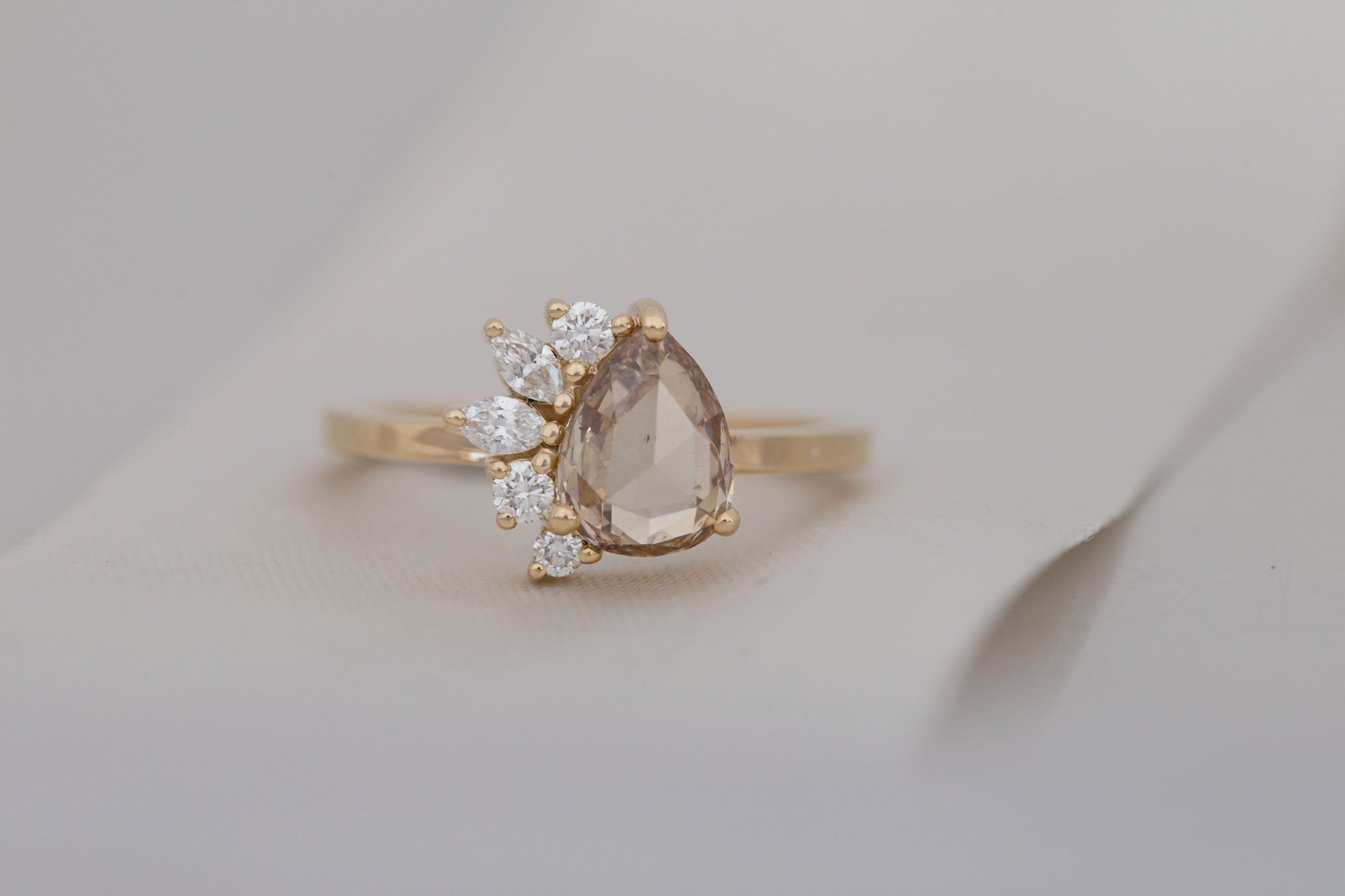 Dahlia Ring | Champagne Rose Pear Cut Diamond + Diamond Cluster Engagement Ring 1.16 ct | 14k Recycled Gold | One of a Kind