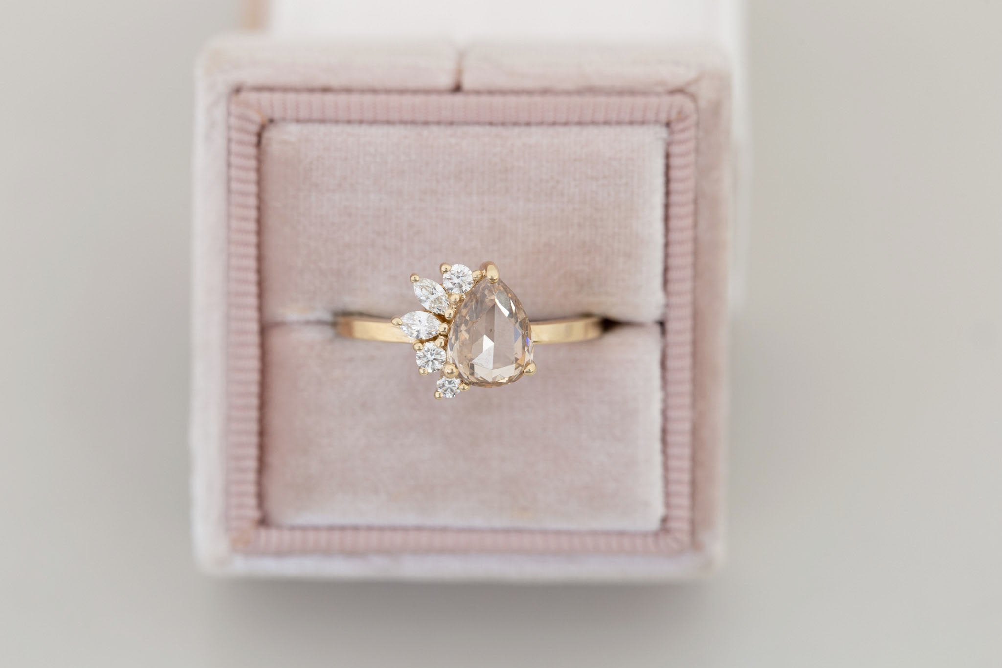 Dahlia Ring | Champagne Rose Pear Cut Diamond + Diamond Cluster Engagement Ring 1.16 ct | 14k Recycled Gold | One of a Kind