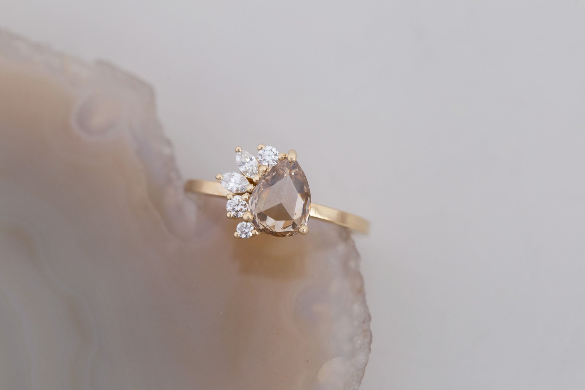 Dahlia Ring | Champagne Rose Pear Cut Diamond + Diamond Cluster Engagement Ring 1.16 ct | 14k Recycled Gold | One of a Kind