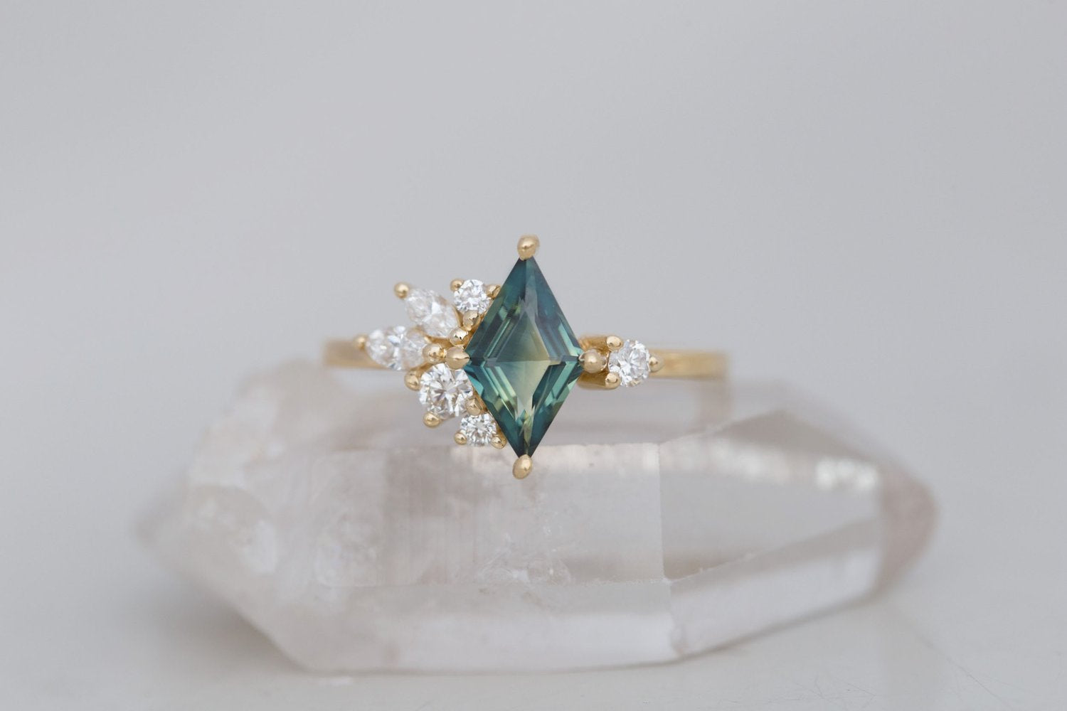 Alden Ring | Teal Sapphire Rhombus + Diamond Cluster Engagement Ring 1.16 ct | 14k Recycled Gold | One of a Kind