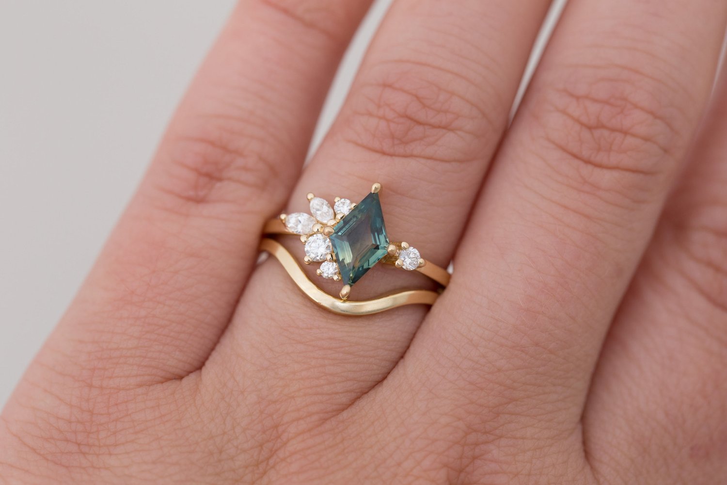 Alden Ring | Teal Sapphire Rhombus + Diamond Cluster Engagement Ring 1.16 ct | 14k Recycled Gold | One of a Kind