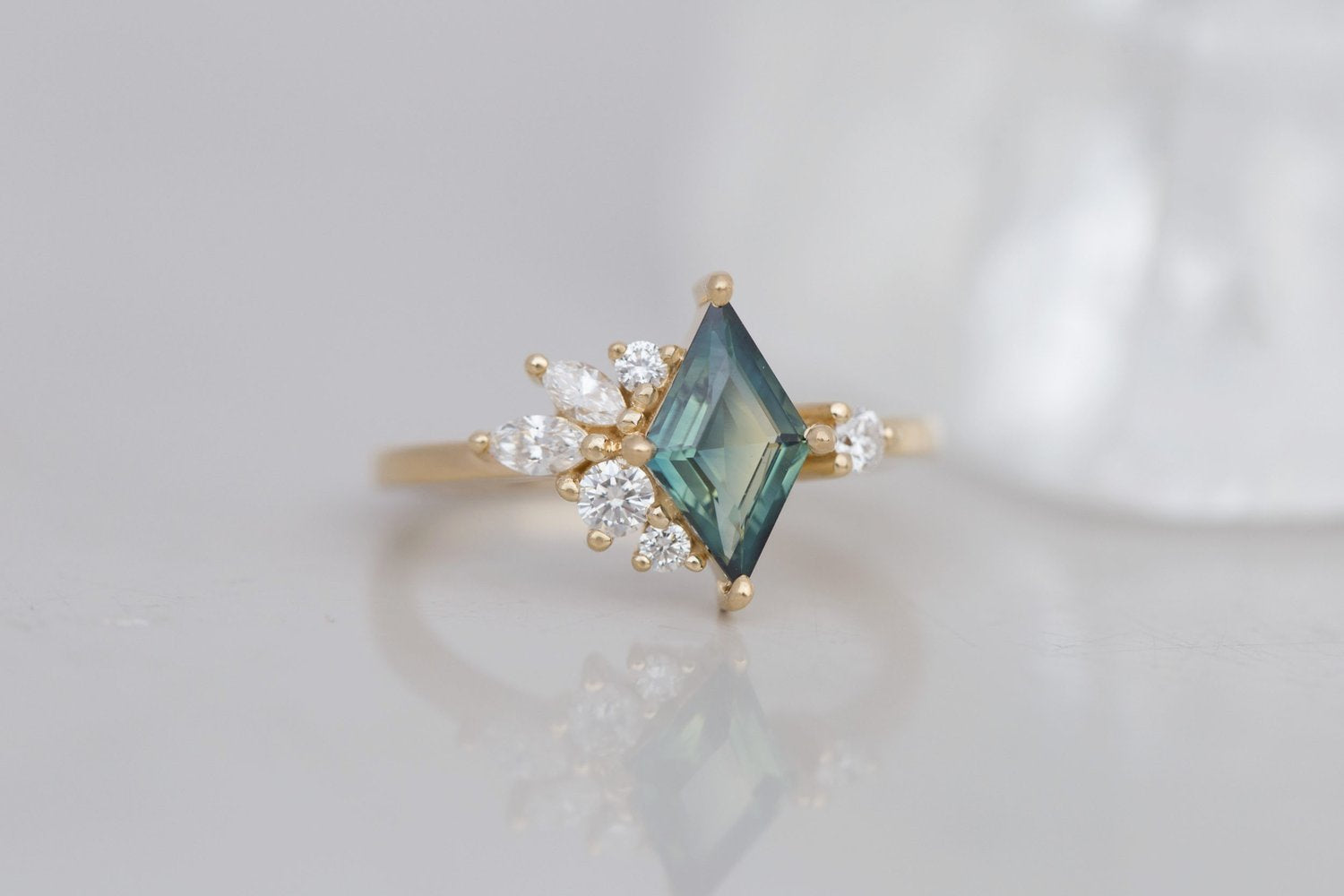 Alden Ring | Teal Sapphire Rhombus + Diamond Cluster Engagement Ring 1.16 ct | 14k Recycled Gold | One of a Kind