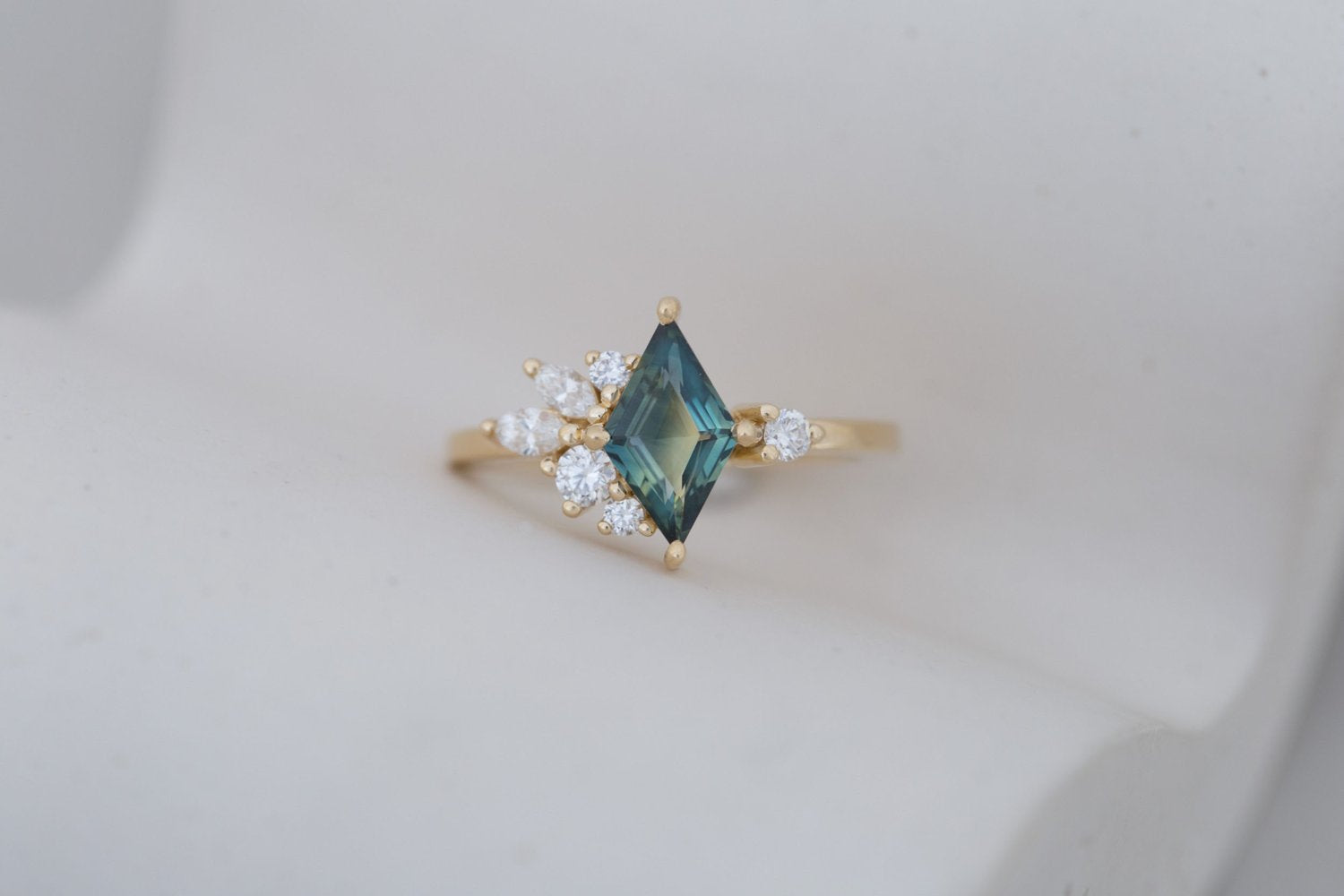 Alden Ring | Teal Sapphire Rhombus + Diamond Cluster Engagement Ring 1.16 ct | 14k Recycled Gold | One of a Kind