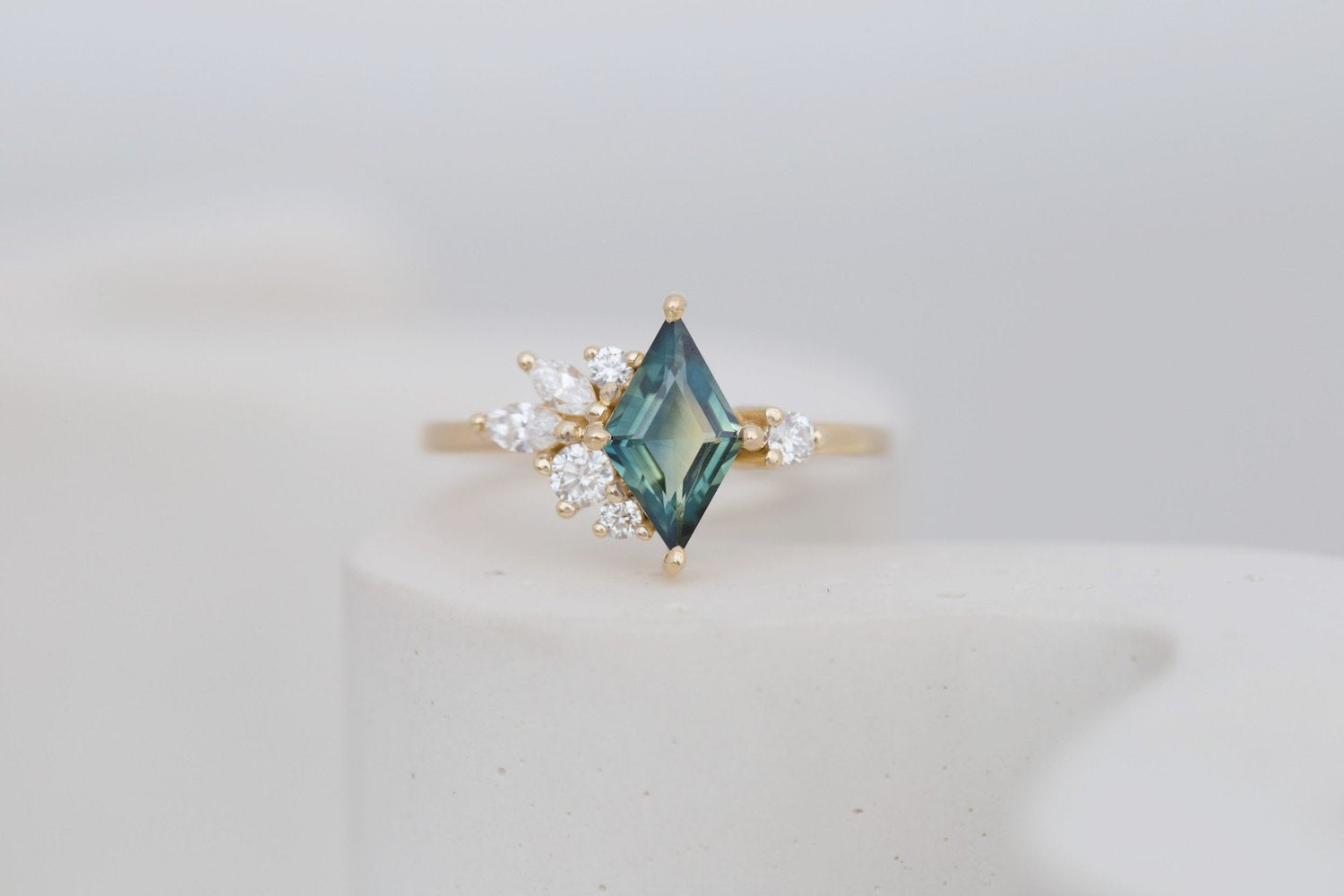 Alden Ring | Teal Sapphire Rhombus + Diamond Cluster Engagement Ring 1.16 ct | 14k Recycled Gold | One of a Kind