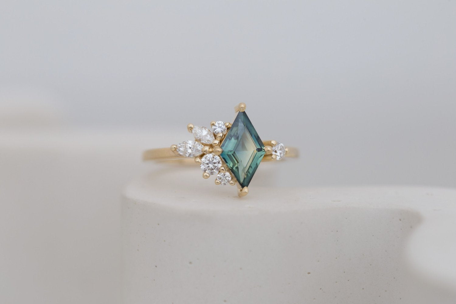 Alden Ring | Teal Sapphire Rhombus + Diamond Cluster Engagement Ring 1.16 ct | 14k Recycled Gold | One of a Kind