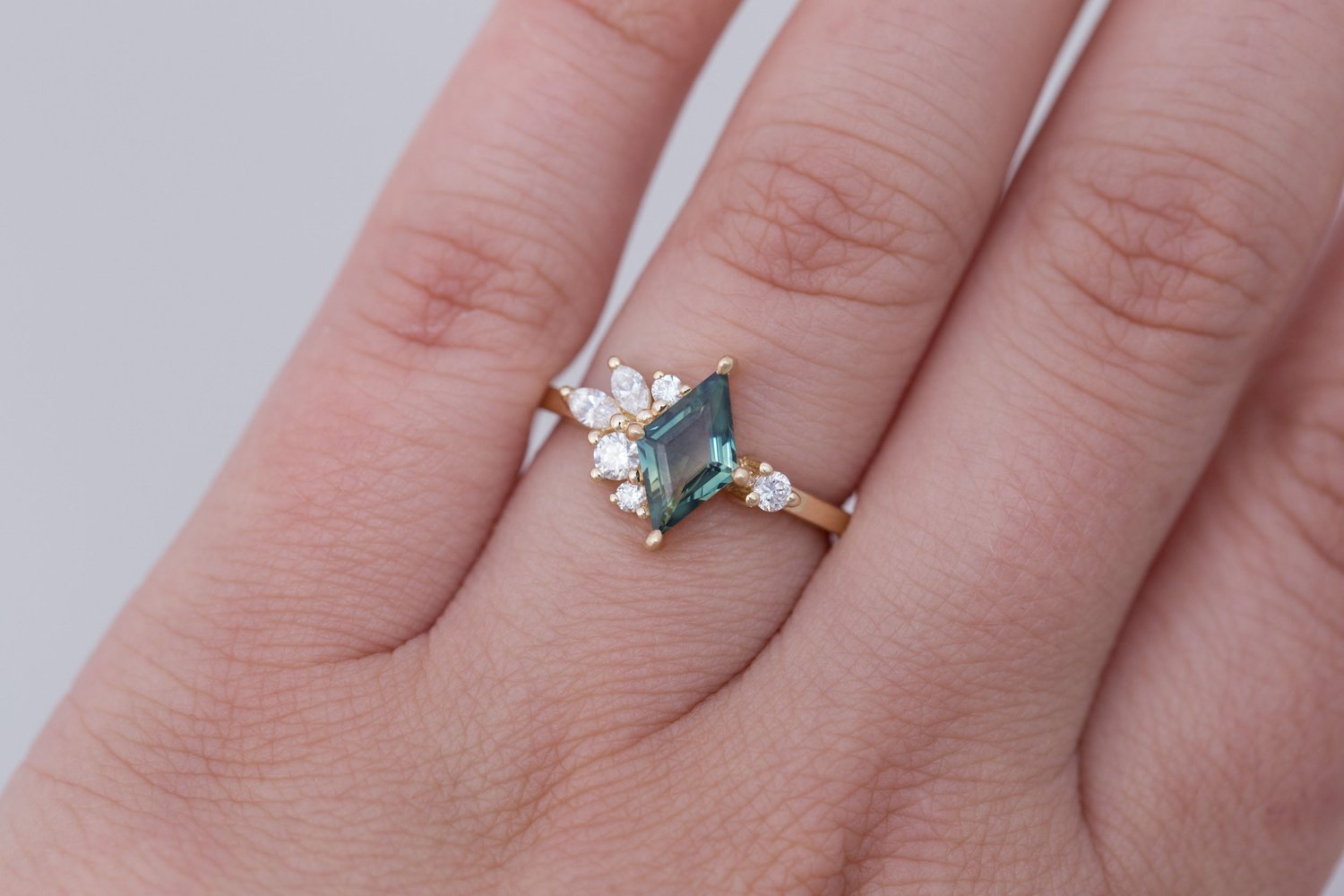 Alden Ring | Teal Sapphire Rhombus + Diamond Cluster Engagement Ring 1.16 ct | 14k Recycled Gold | One of a Kind