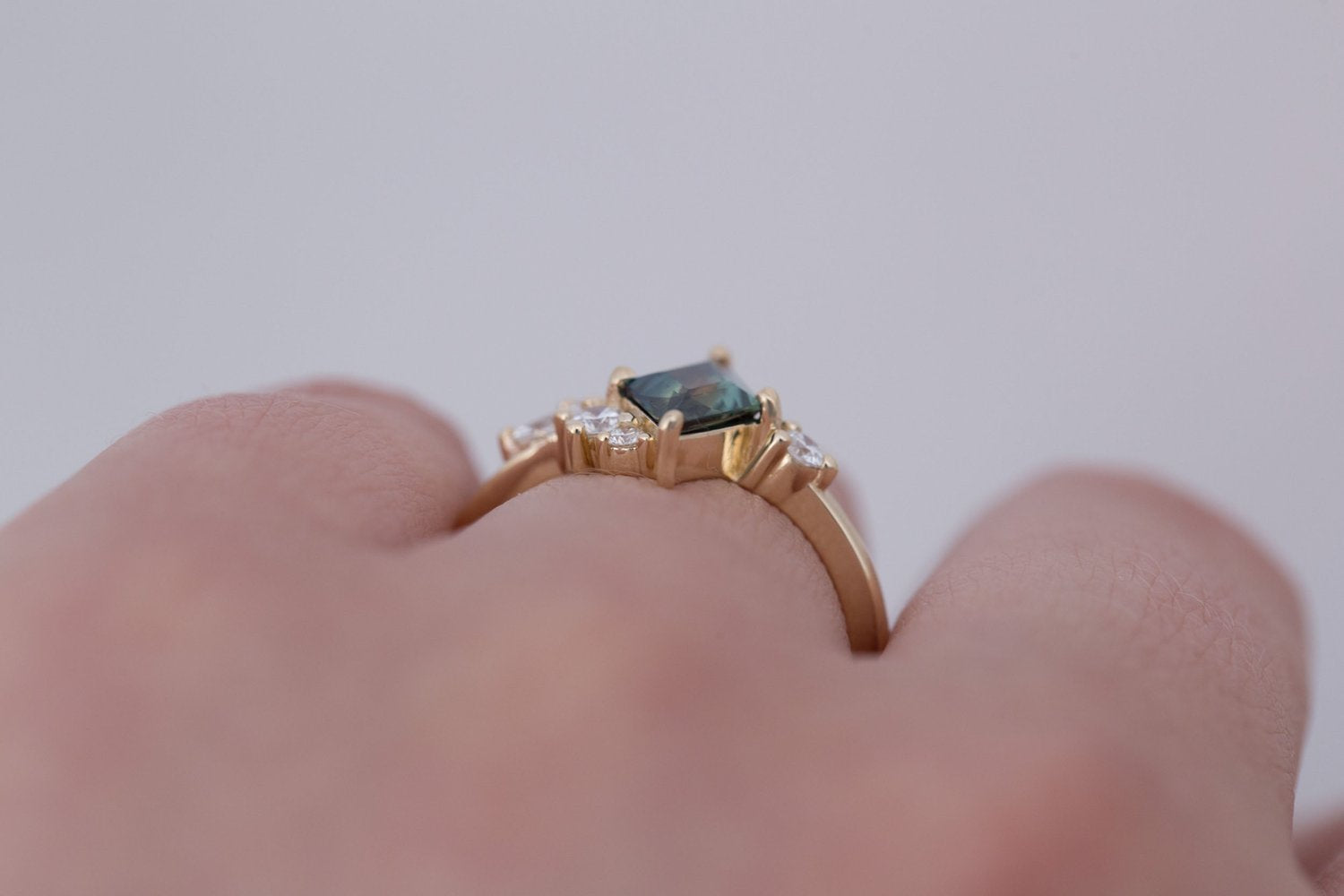 Alden Ring | Teal Sapphire Rhombus + Diamond Cluster Engagement Ring 1.16 ct | 14k Recycled Gold | One of a Kind