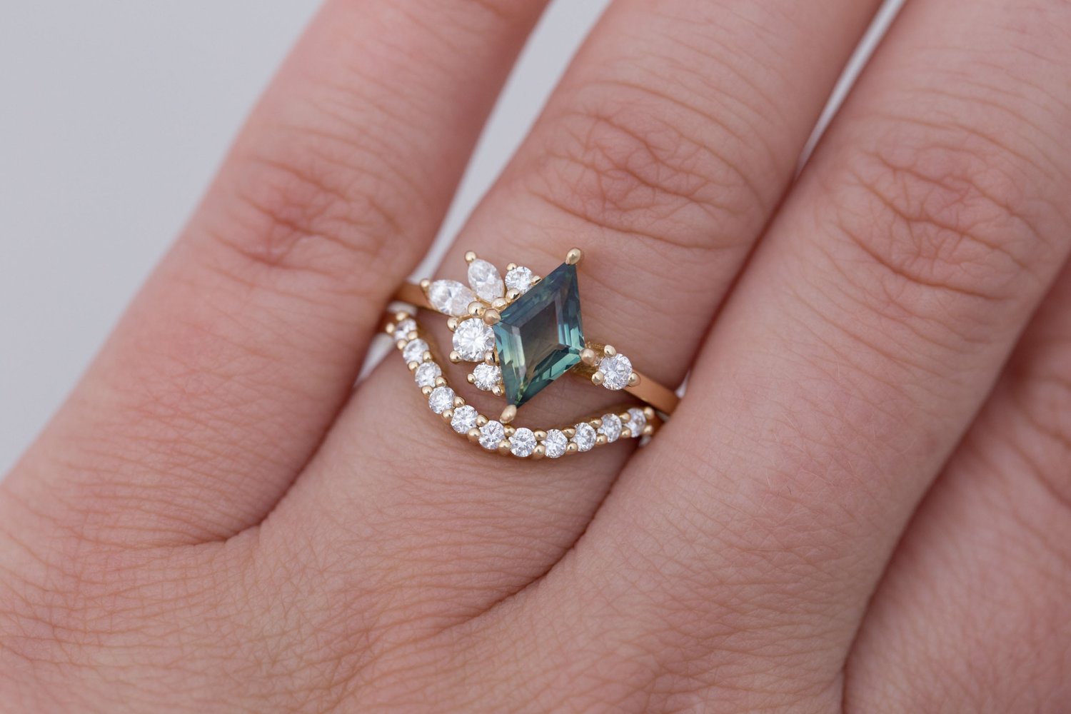 Alden Ring | Teal Sapphire Rhombus + Diamond Cluster Engagement Ring 1.16 ct | 14k Recycled Gold | One of a Kind