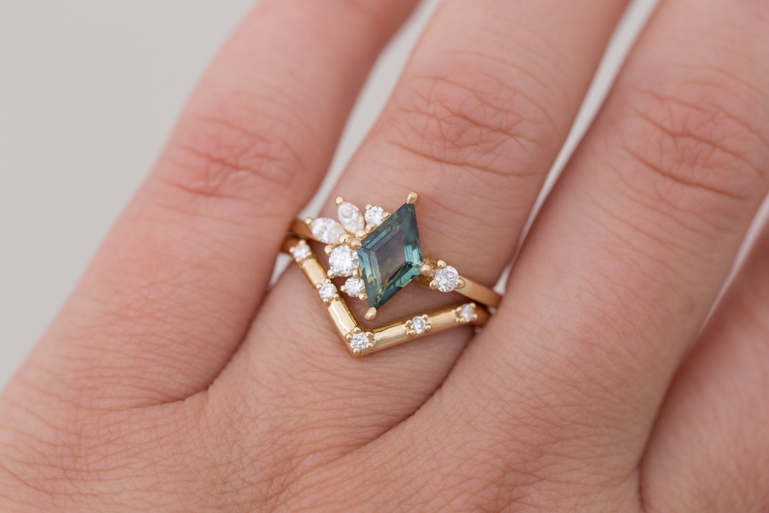Alden Ring | Teal Sapphire Rhombus + Diamond Cluster Engagement Ring 1.16 ct | 14k Recycled Gold | One of a Kind