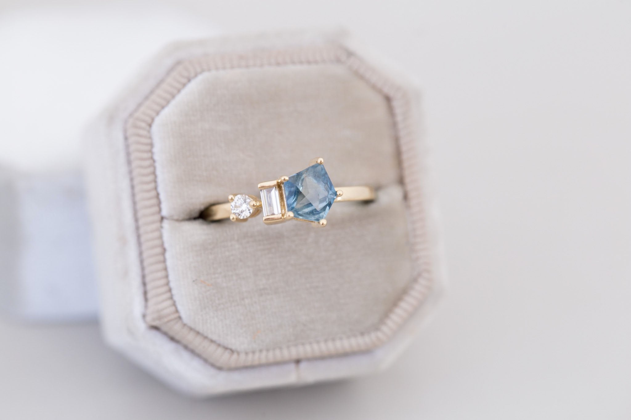 Sireli Ring | Geocut Blue Sapphire + Diamond Cluster Engagement Ring 1.17 ct | 14k Recycled Gold | One of a Kind