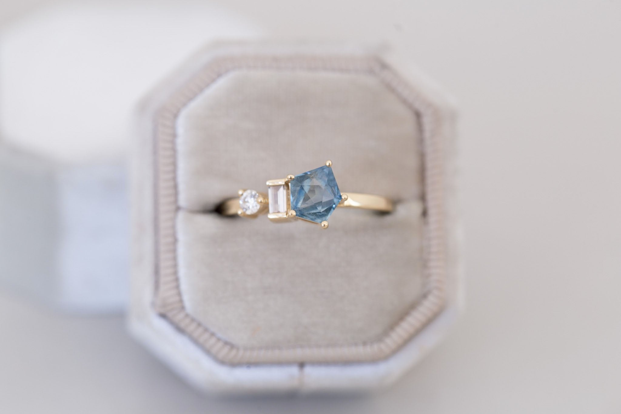 Sireli Ring | Geocut Blue Sapphire + Diamond Cluster Engagement Ring 1.17 ct | 14k Recycled Gold | One of a Kind