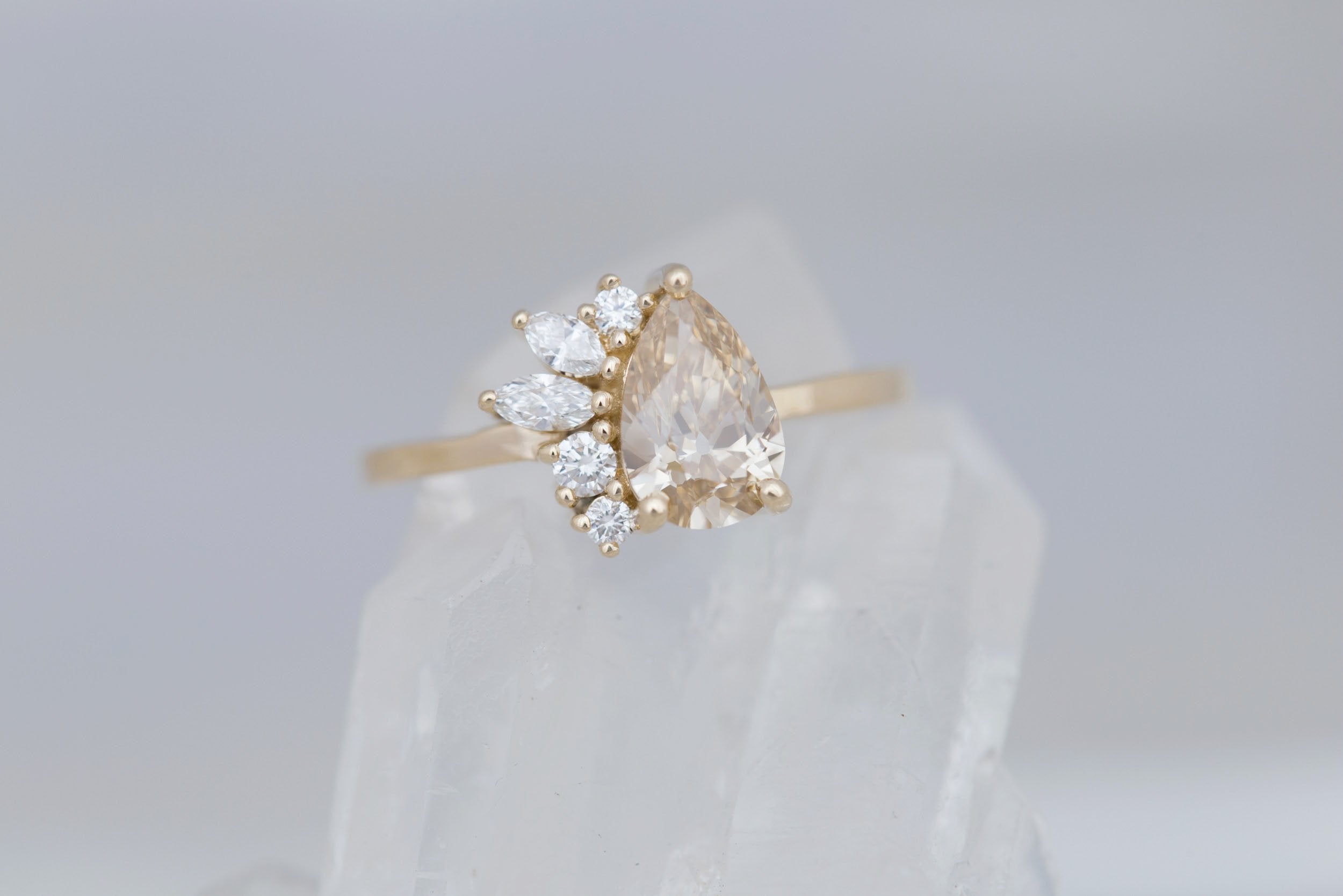 Dahlia Ring | Champagne Pear Cut Diamond + Diamond Cluster Engagement Ring 1.17 ct | 14k Recycled Gold | One of a Kind