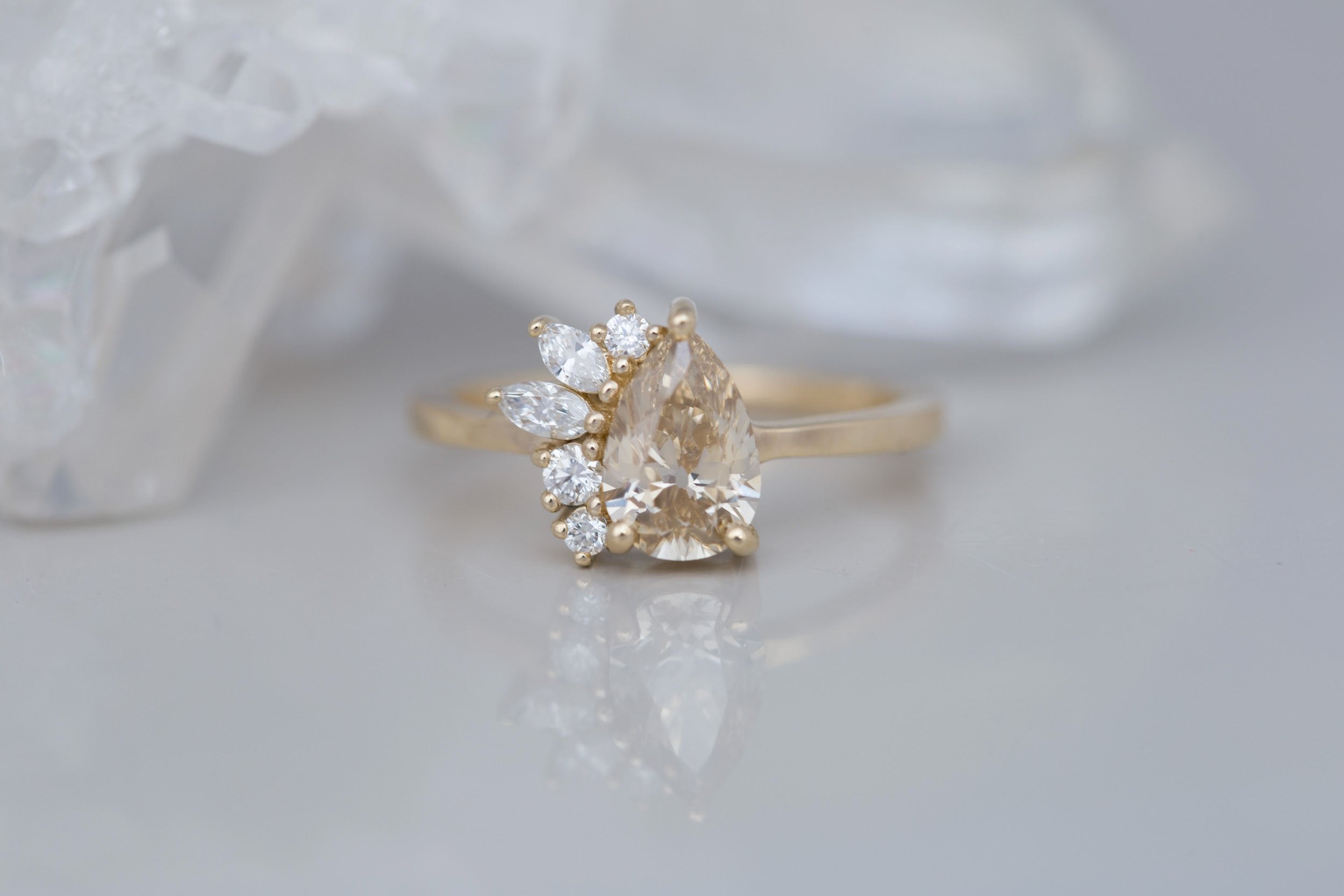 Dahlia Ring | Champagne Pear Cut Diamond + Diamond Cluster Engagement Ring 1.17 ct | 14k Recycled Gold | One of a Kind