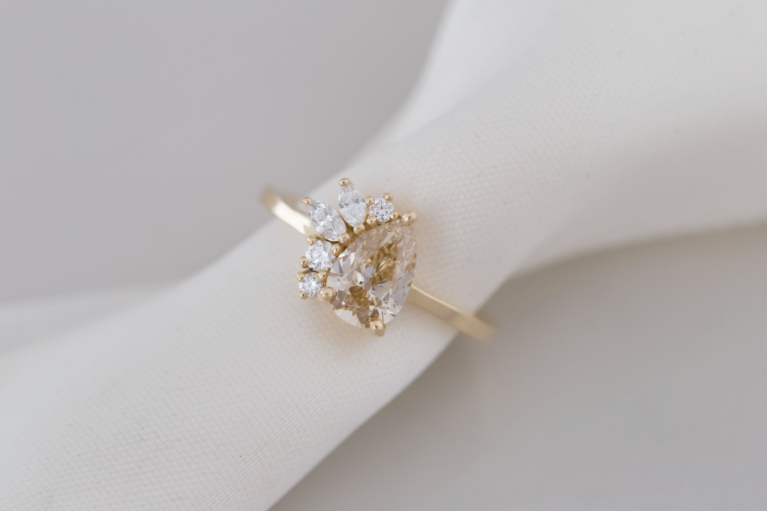 Dahlia Ring | Champagne Pear Cut Diamond + Diamond Cluster Engagement Ring 1.17 ct | 14k Recycled Gold | One of a Kind
