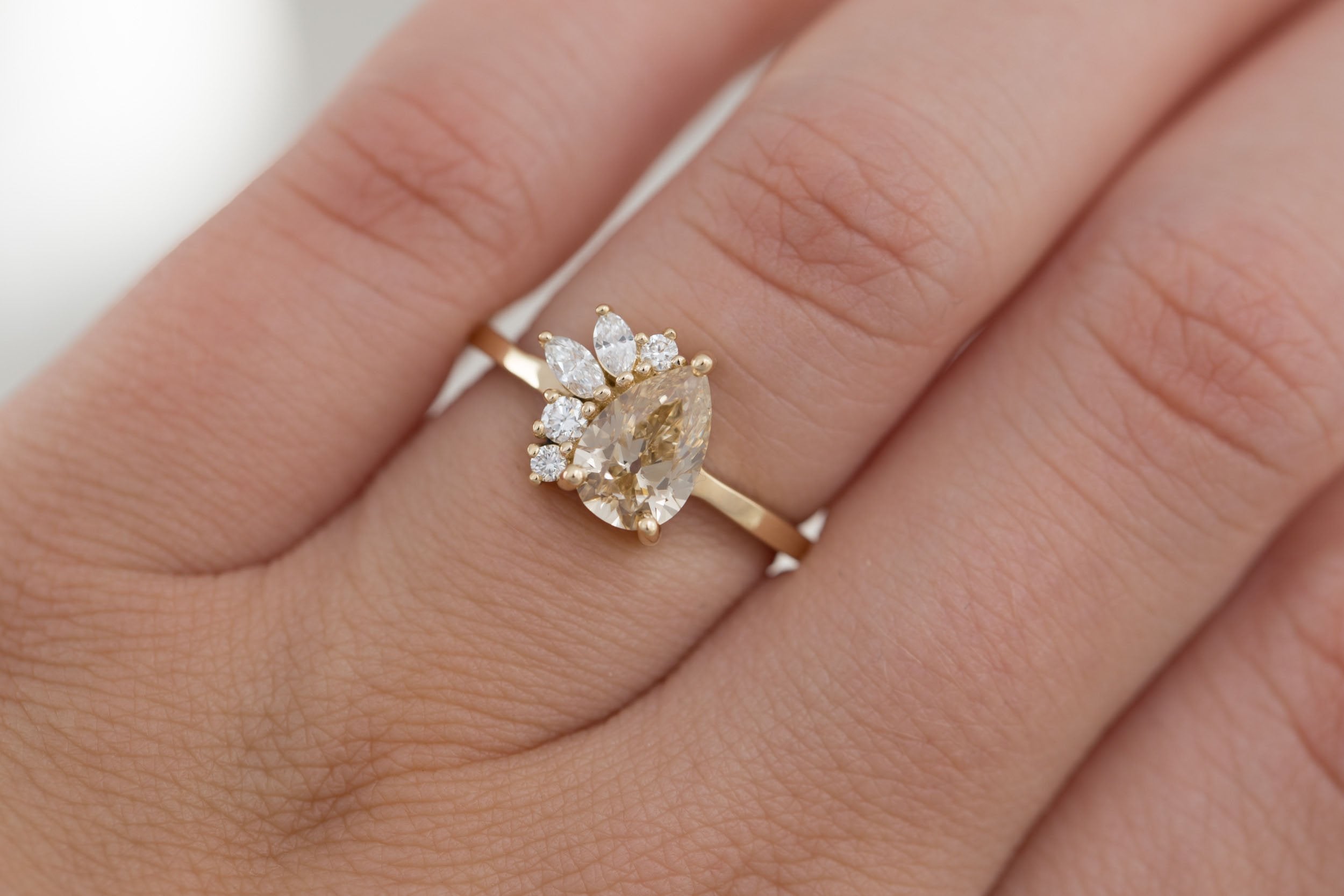 Dahlia Ring | Champagne Pear Cut Diamond + Diamond Cluster Engagement Ring 1.17 ct | 14k Recycled Gold | One of a Kind